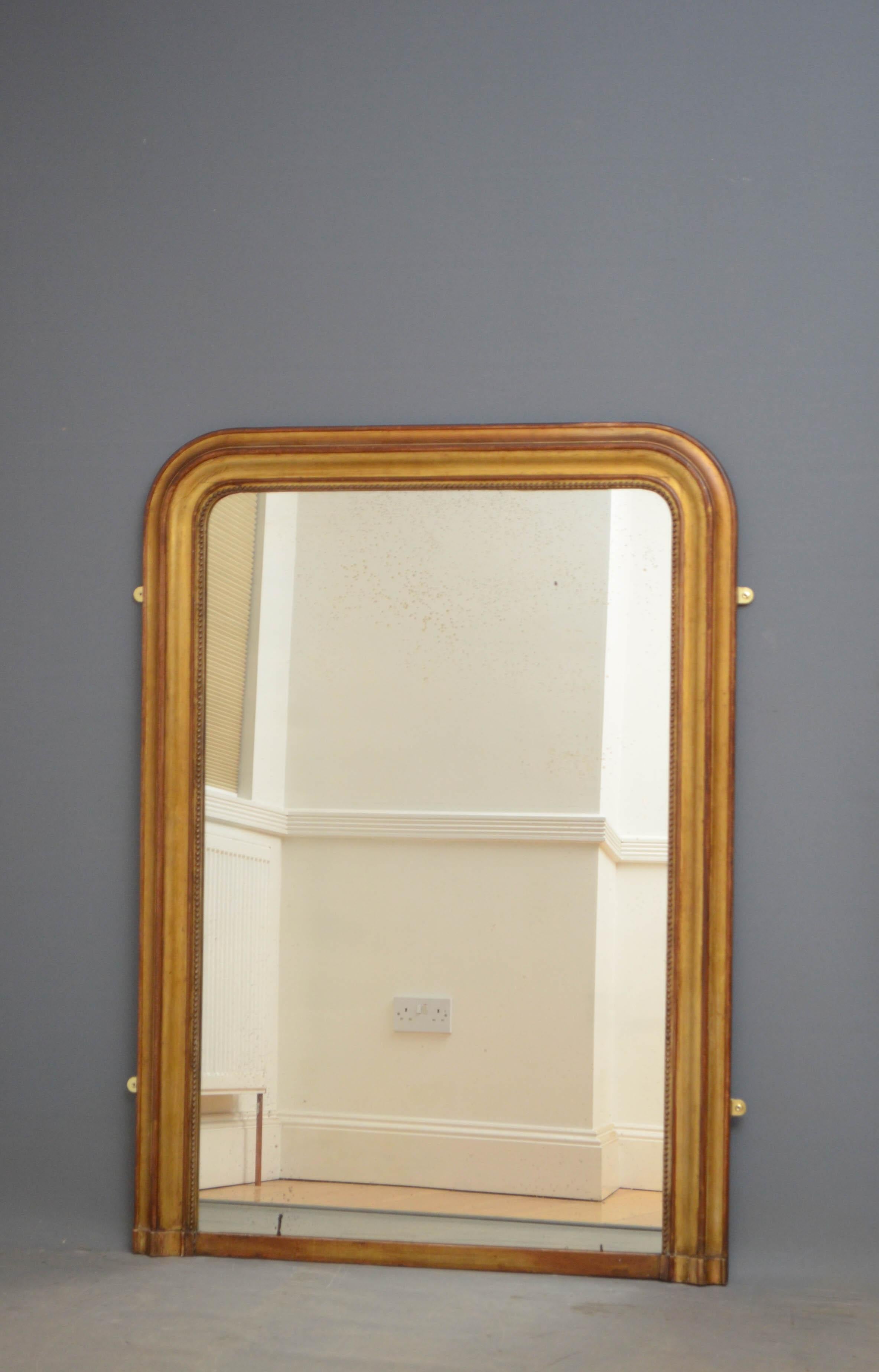 Sn4866 simple French 19th century wall mirror, having original foxed glass in moulded gilded frame with beaded decoration. This antique overmantel mirror retains its original glass, gilt and extensive patina, all in wonderful home ready condition,