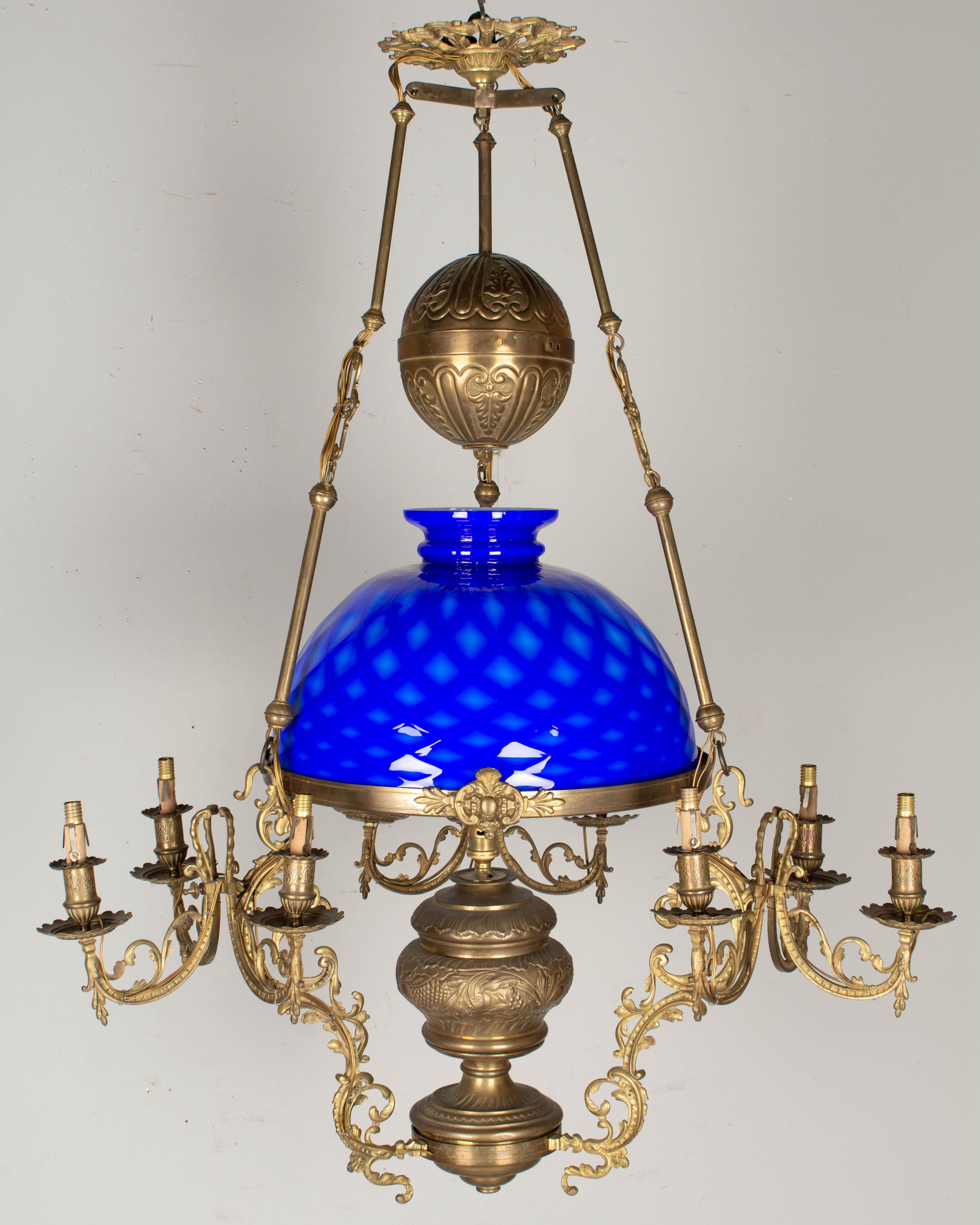 19th Century French Glass and Brass Oil Lamp Chandelier For Sale at 1stDibs