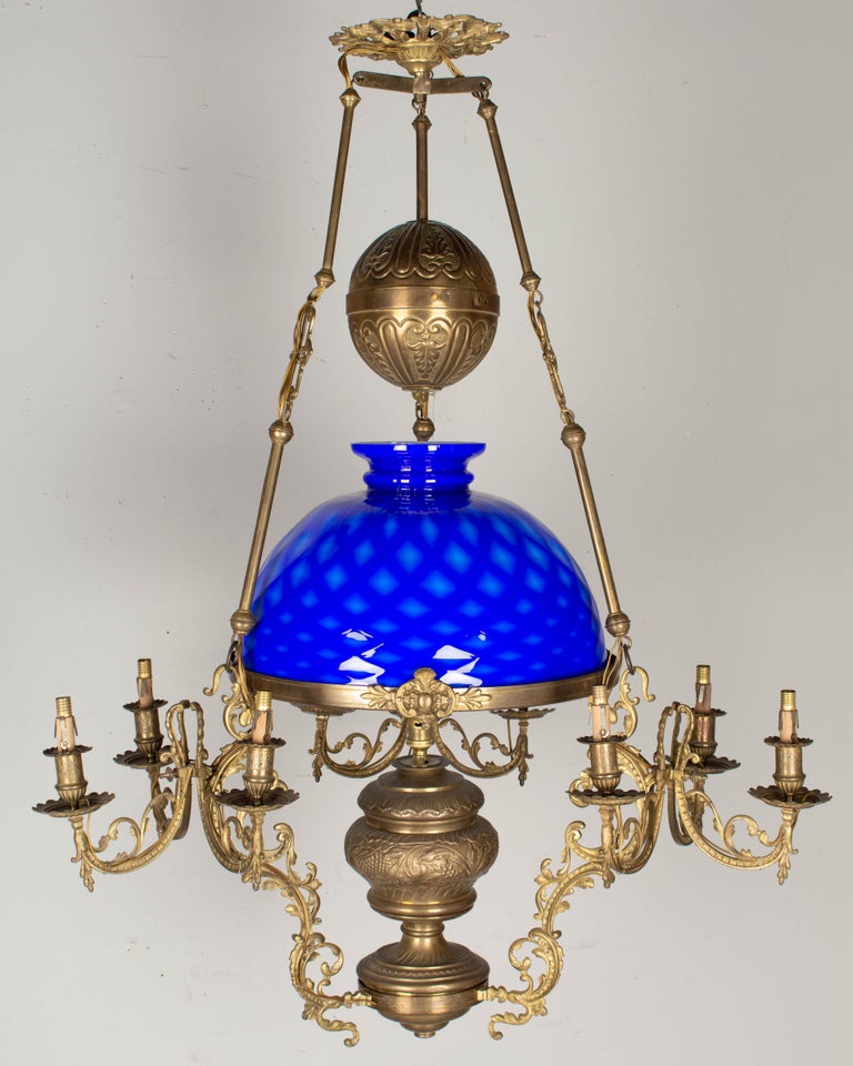 19th Century French Glass and Brass Oil Lamp Chandelier For Sale at 1stDibs