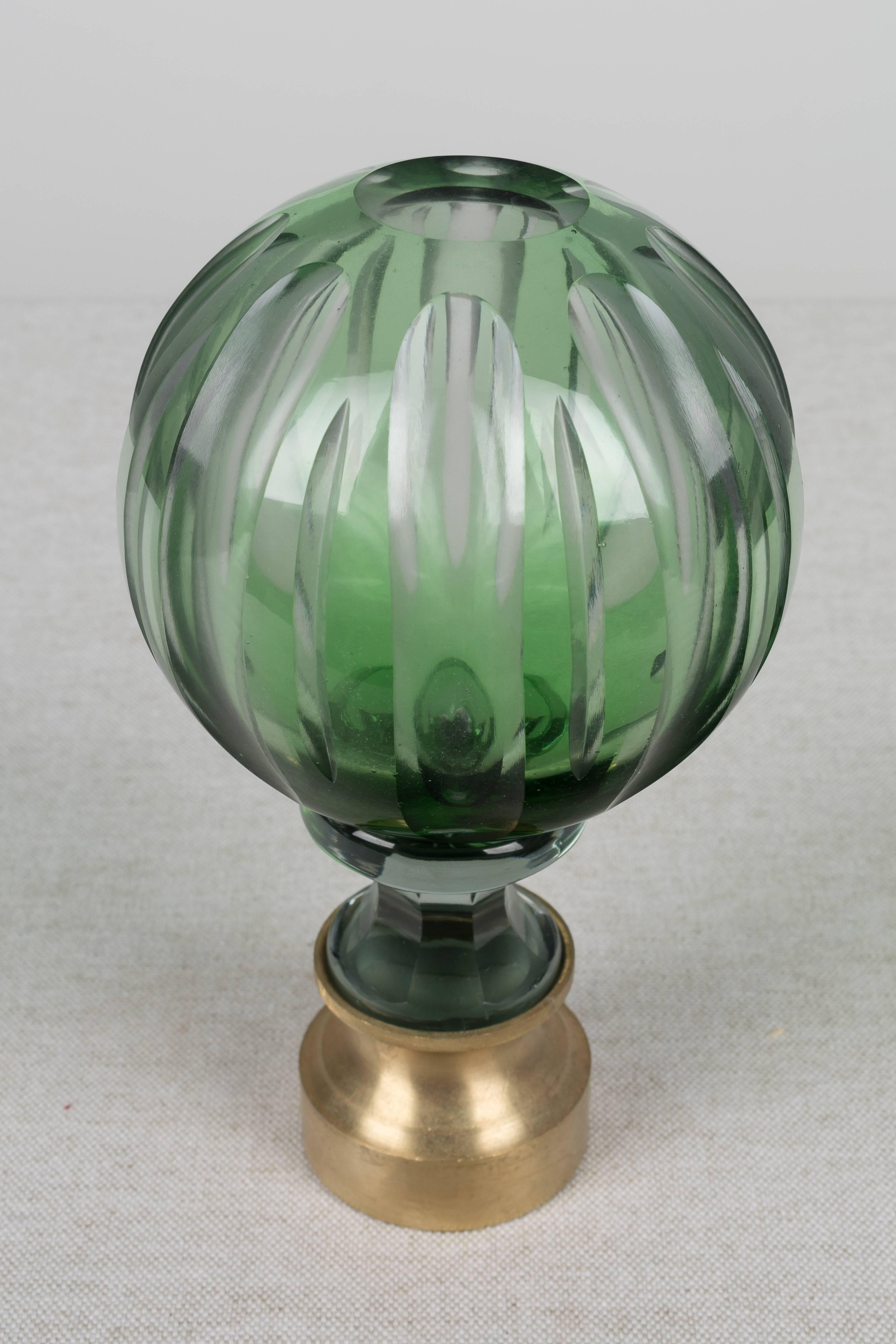 Brass 19th Century French Glass Boule D'escalier or Newel Post Finial