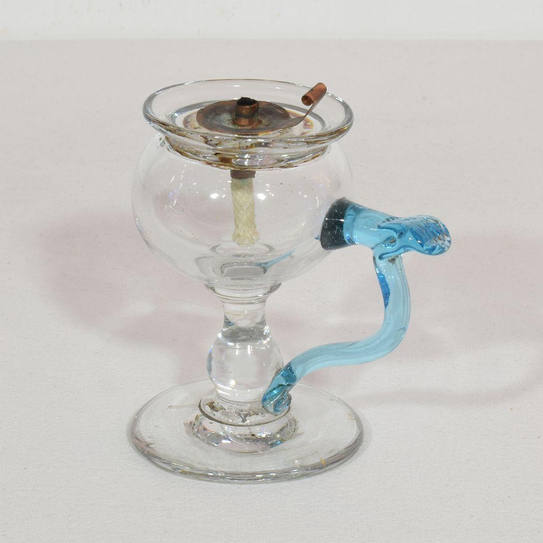 Hand-Crafted 19th Century French Glass Weavers Oil Lamp For Sale