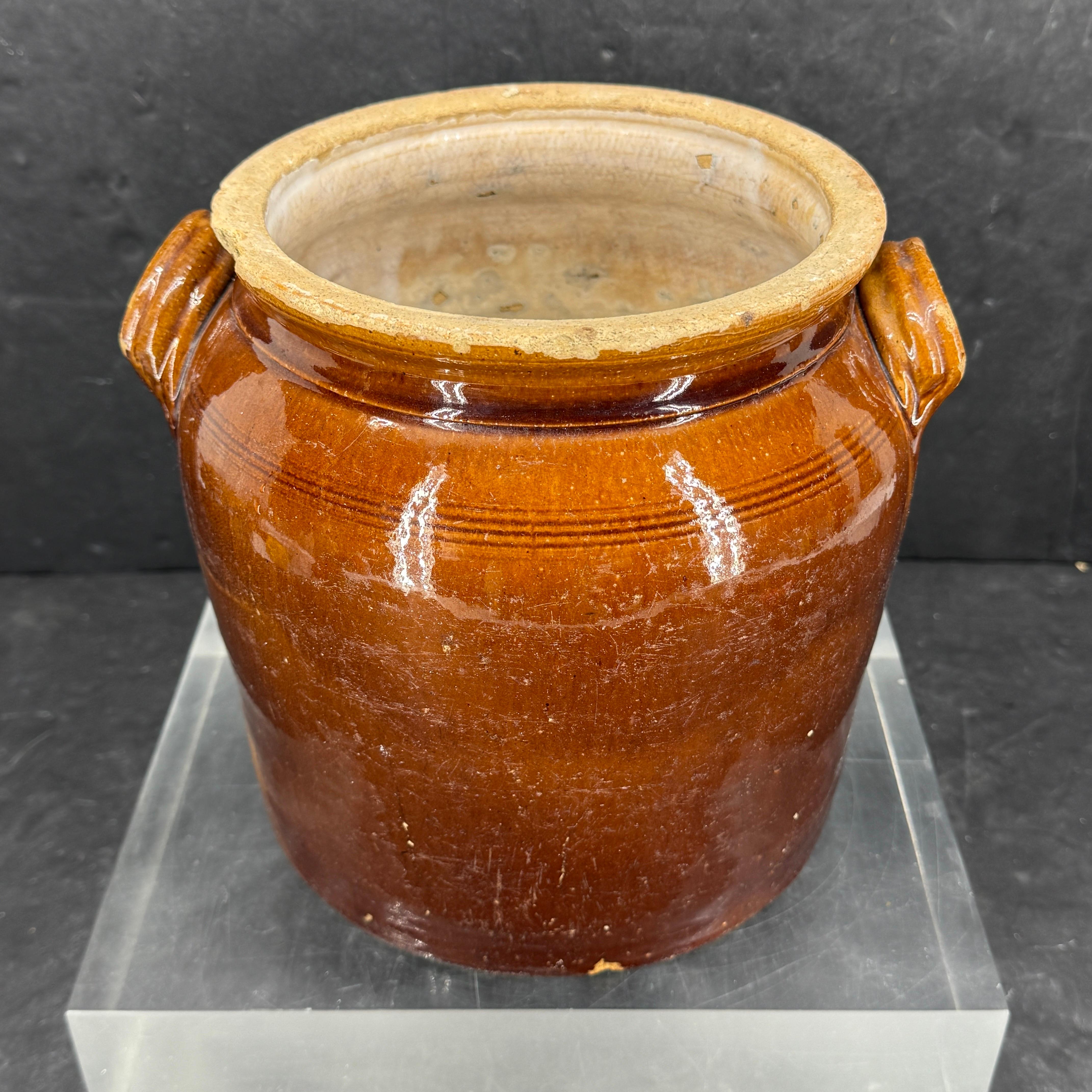 19. Jahrhundert Französisch glasiert Confit Steingut braun Topf (Französische Provence) im Angebot
