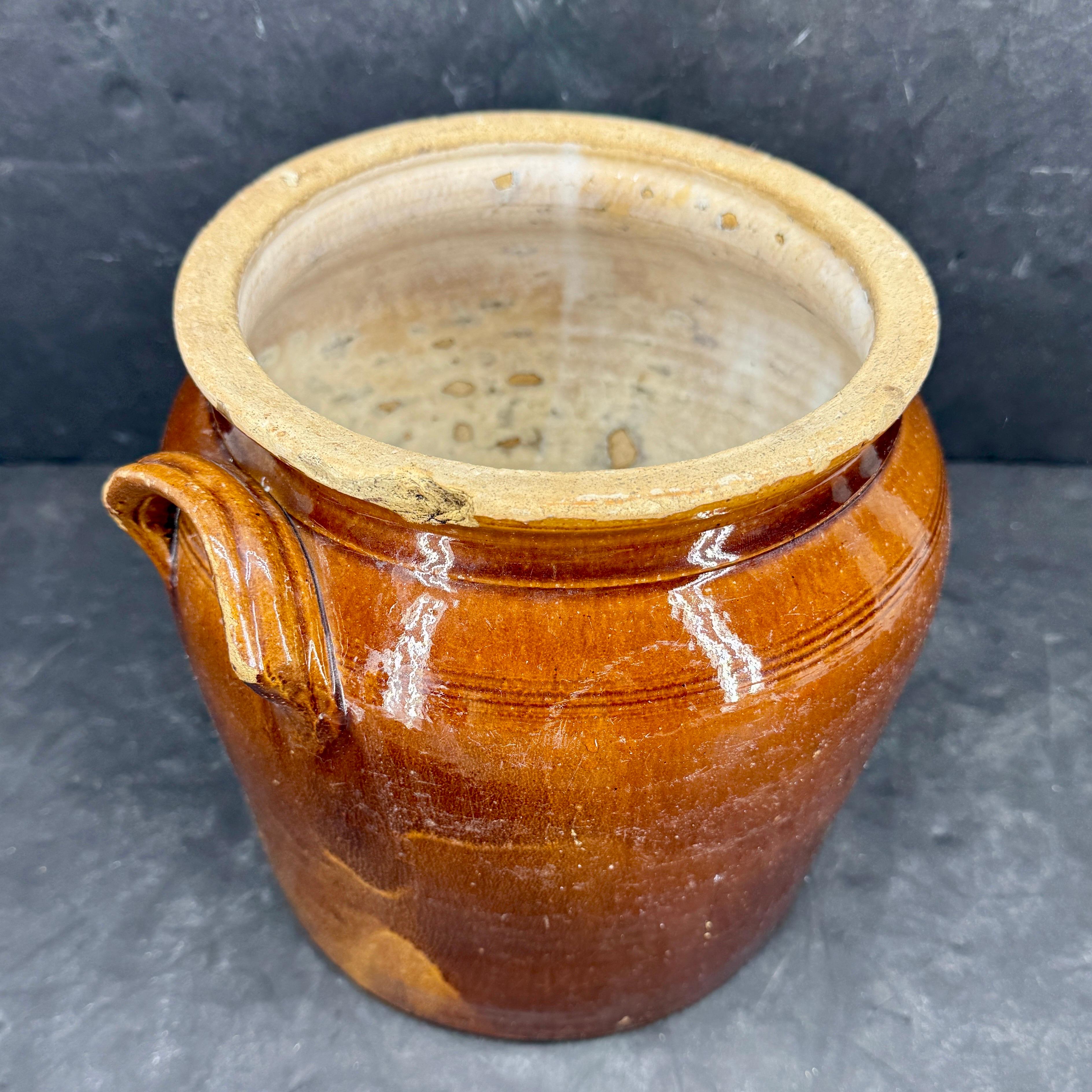 19. Jahrhundert Französisch glasiert Confit Steingut braun Topf (Glasiert) im Angebot