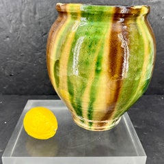 19th Century French Glazed Confit Pot in Green and Yellow Ochre
