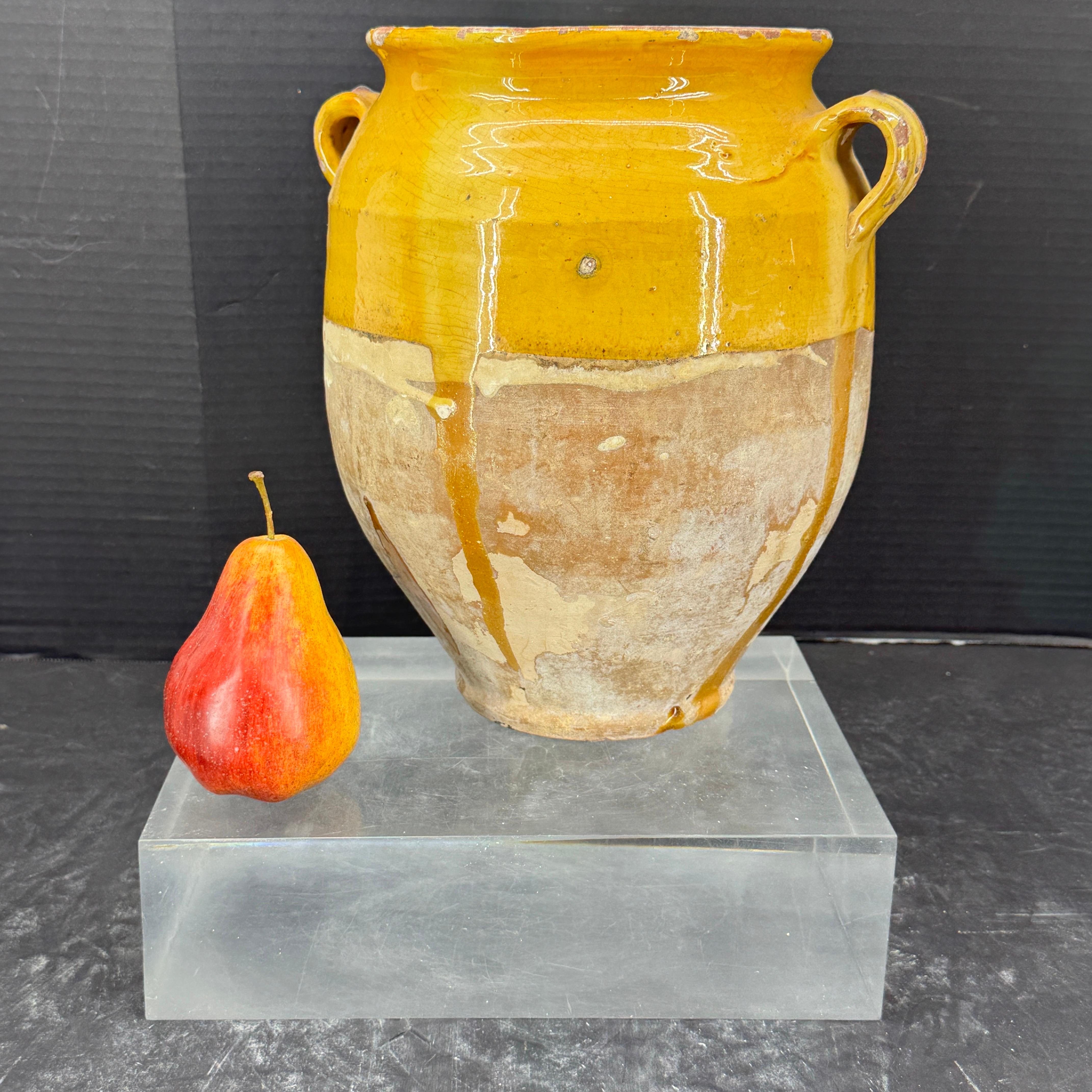 This antique French confit pot dates from Mid-19th Century. As found in southwest France, these pots were originally used for storing preserves. Nowadays they can been seen standing alone as a statement piece or as a vase with fresh flowers inside.