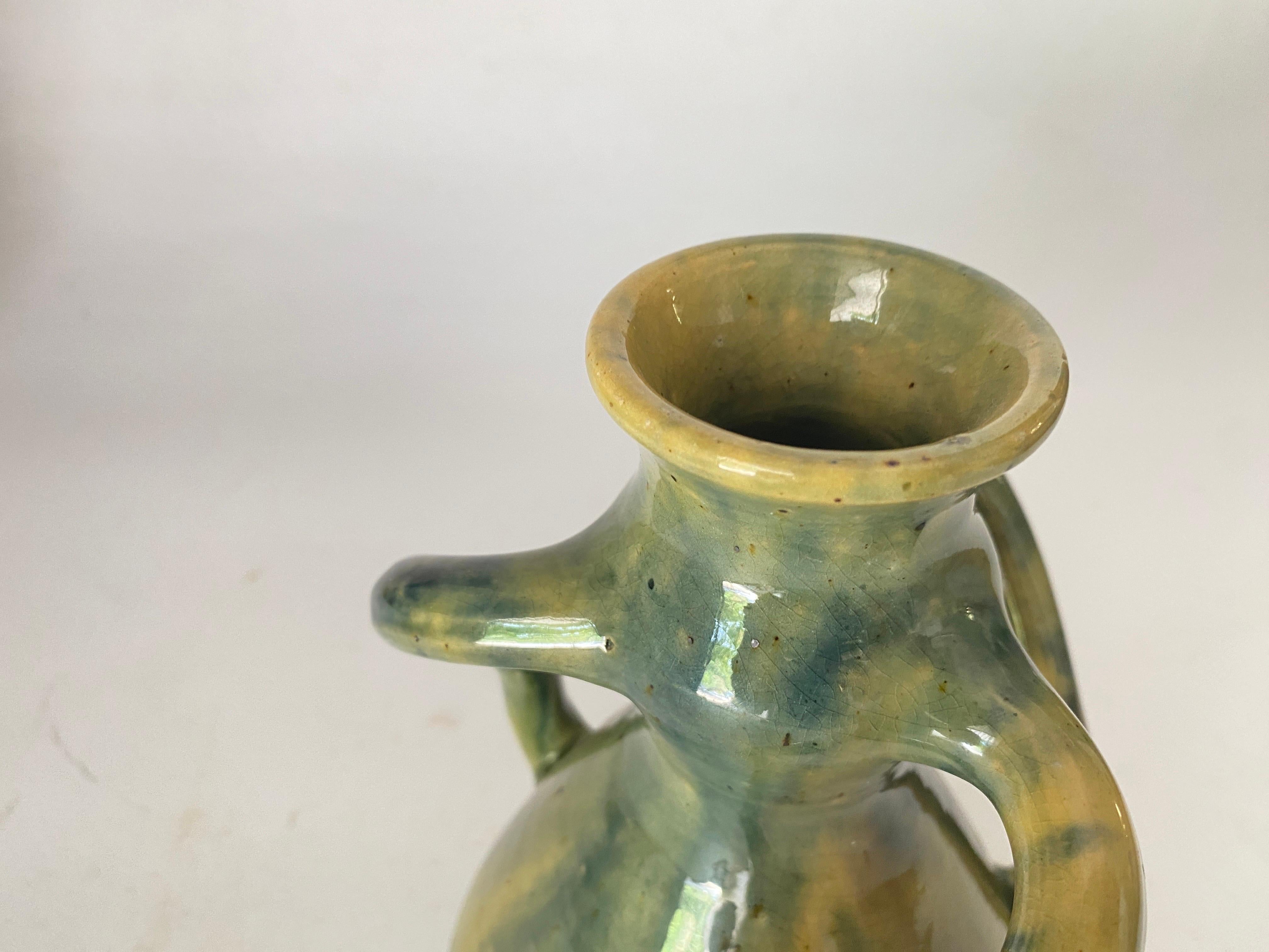 French Provincial 19th Century French Glazed Earthenware vase with twisted Handles Green Color For Sale