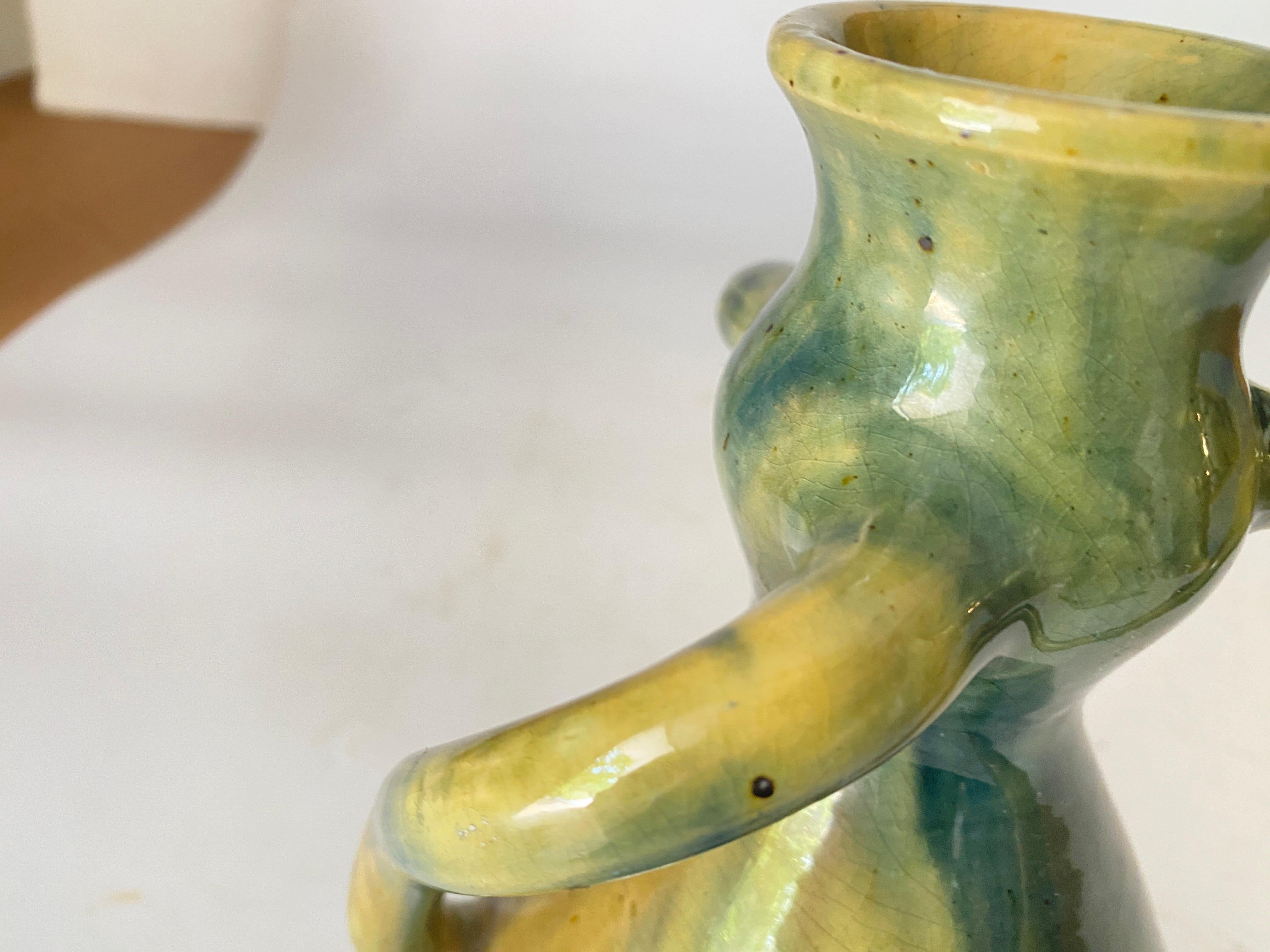 19th Century French Glazed Earthenware vase with twisted Handles Green Color For Sale 1