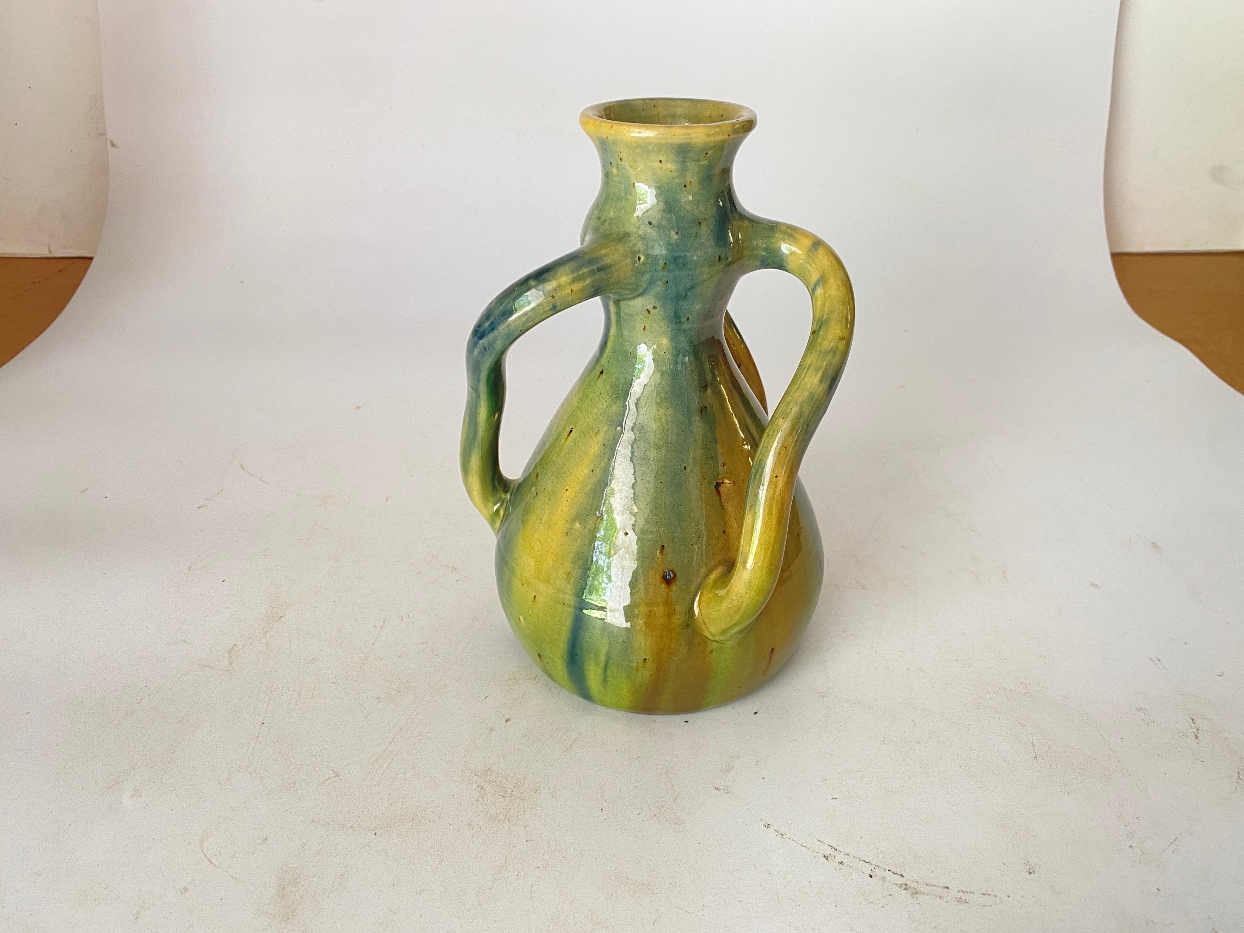 19th Century French Glazed Earthenware vase with twisted Handles Green Color For Sale 2