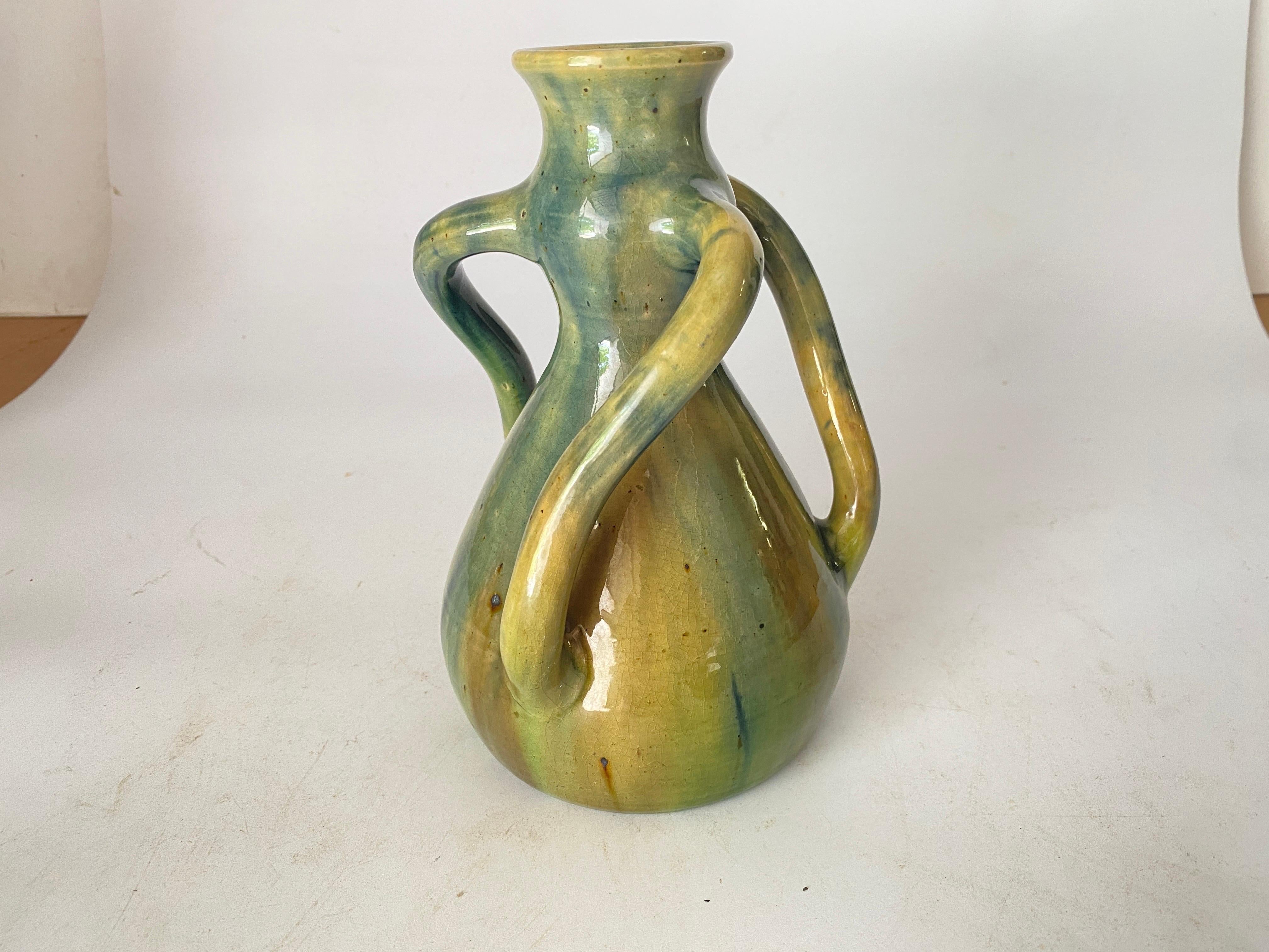 19th Century French Glazed Earthenware vase with twisted Handles Green Color For Sale 3
