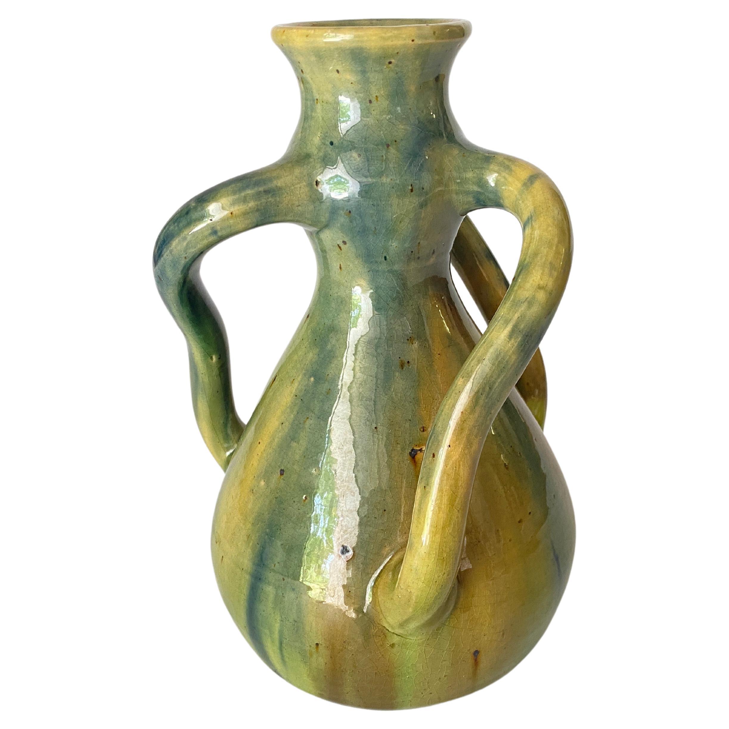 19th Century French Glazed Earthenware vase with twisted Handles Green Color