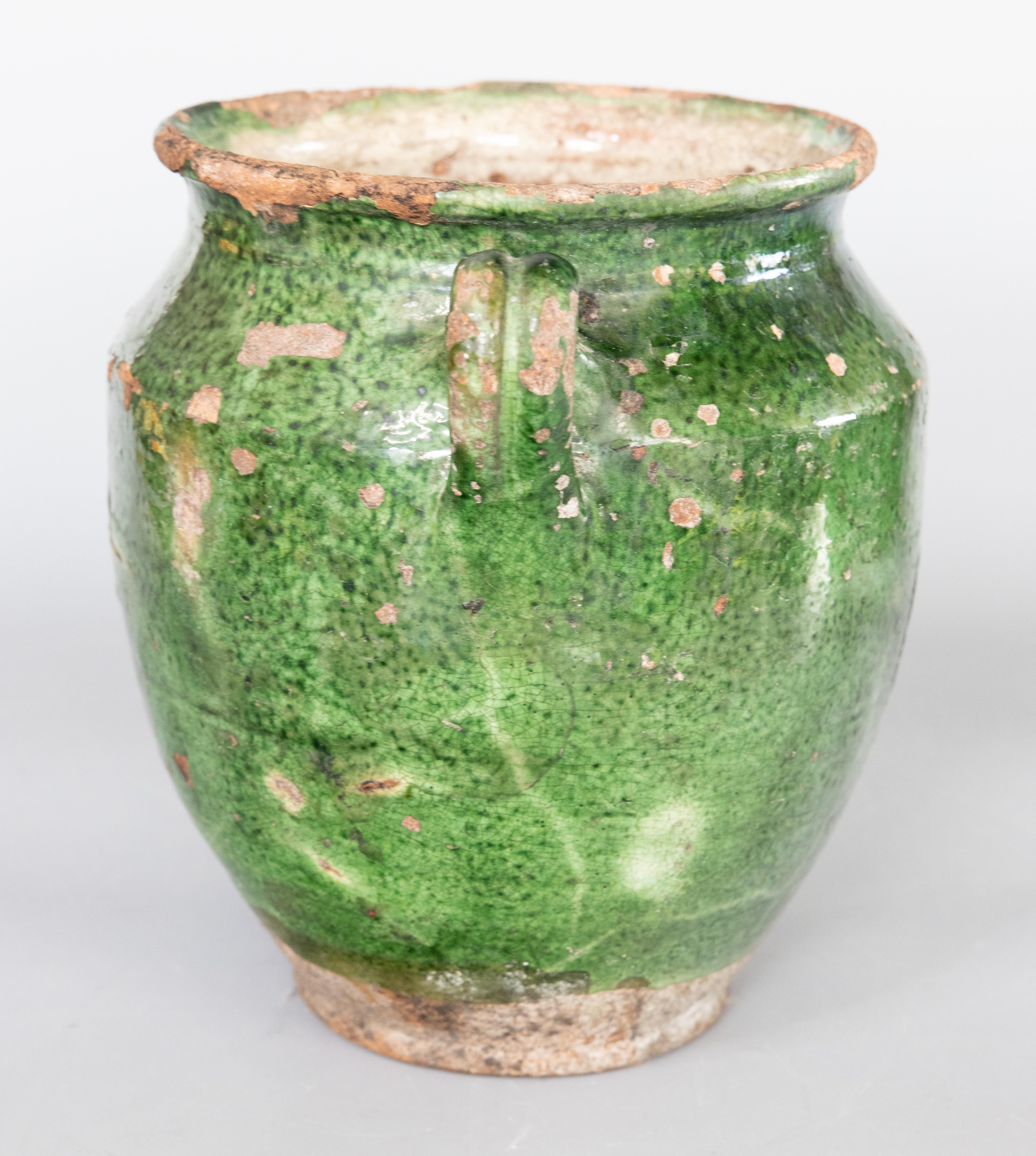 19th Century French Glazed Green Confit Pot In Good Condition For Sale In Pearland, TX