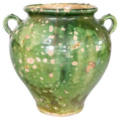 Olla de confitura verde esmaltada francesa del siglo XIX