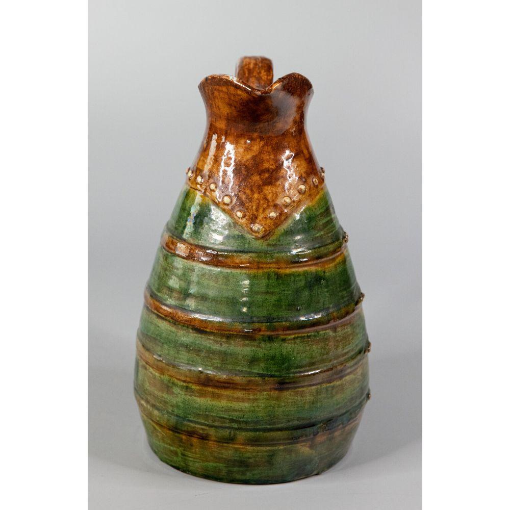 19th Century French Glazed Green Earthenware Terracotta Pitcher Jug In Good Condition For Sale In Pearland, TX