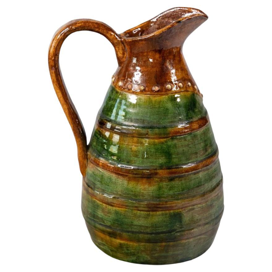 19th Century French Glazed Green Earthenware Terracotta Pitcher Jug For Sale