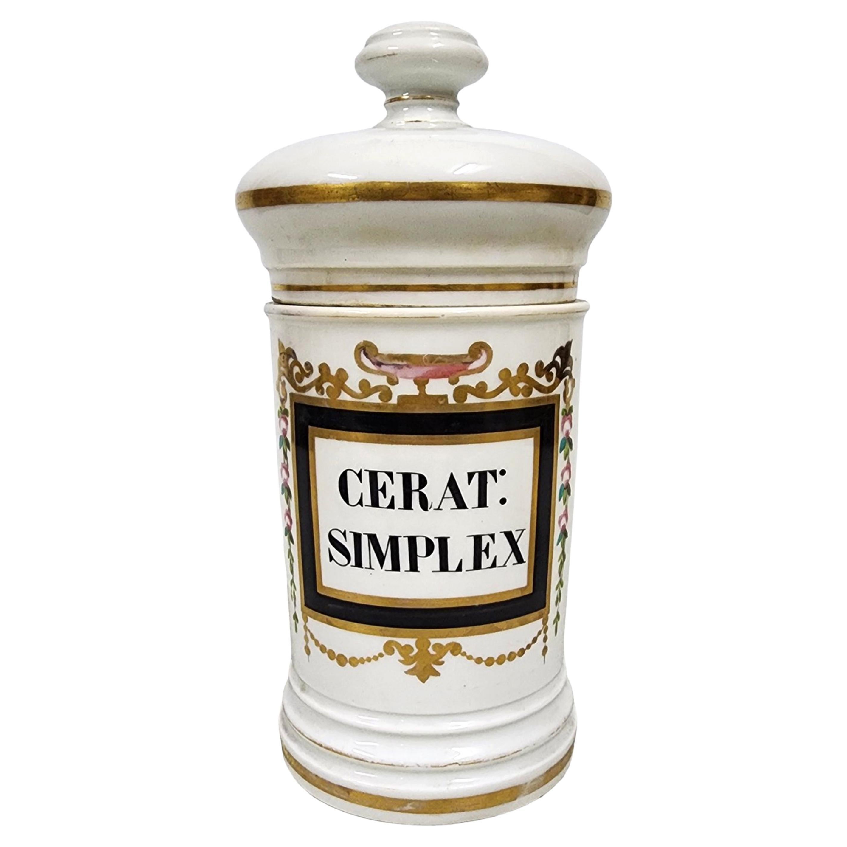 Bote de botica/farmacia de porcelana esmaltada francesa del siglo XIX - 'CERAT: SIMPLEX'