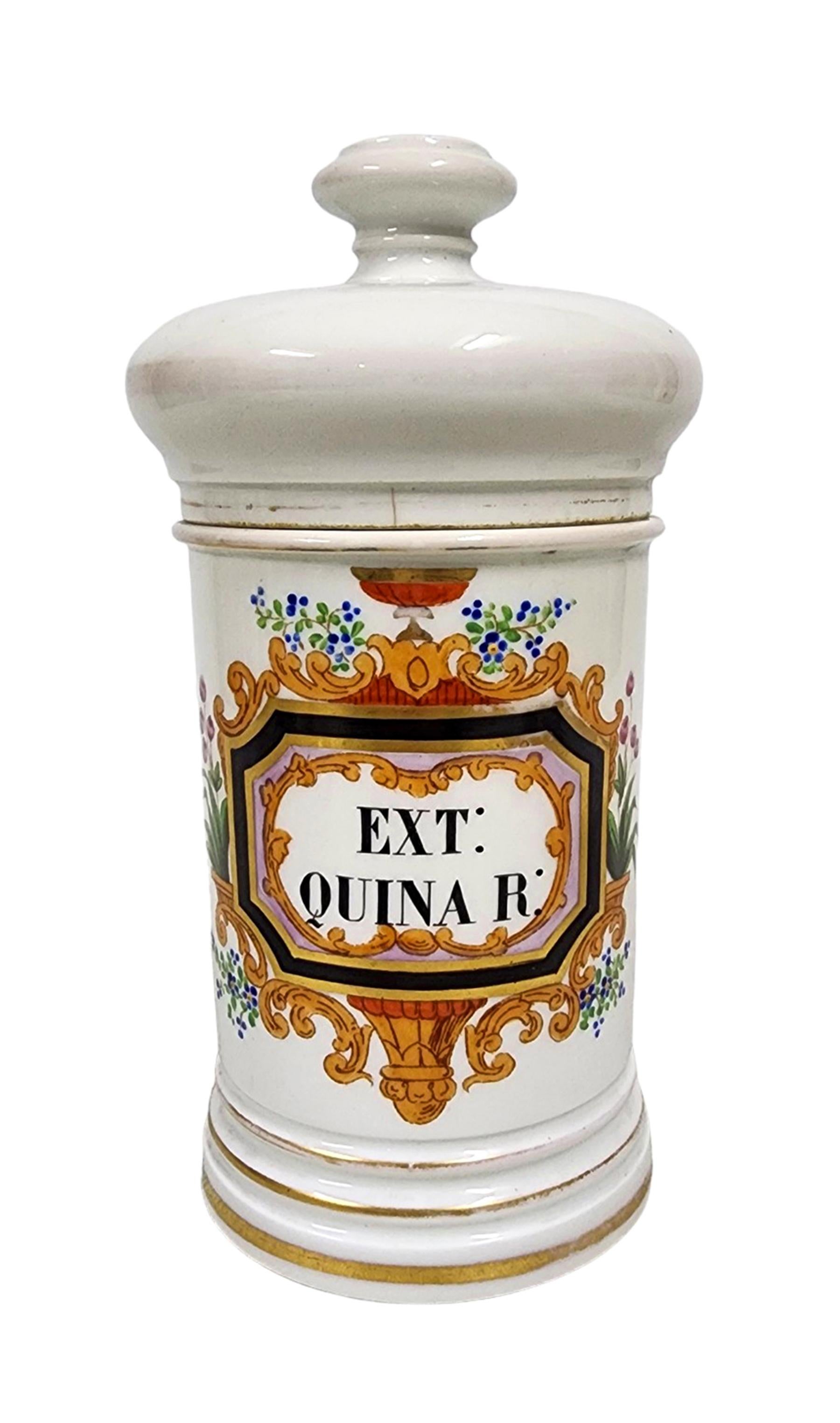 Vaso da farmacia in porcellana smaltata francese della metà del XIX secolo con coperchio - 