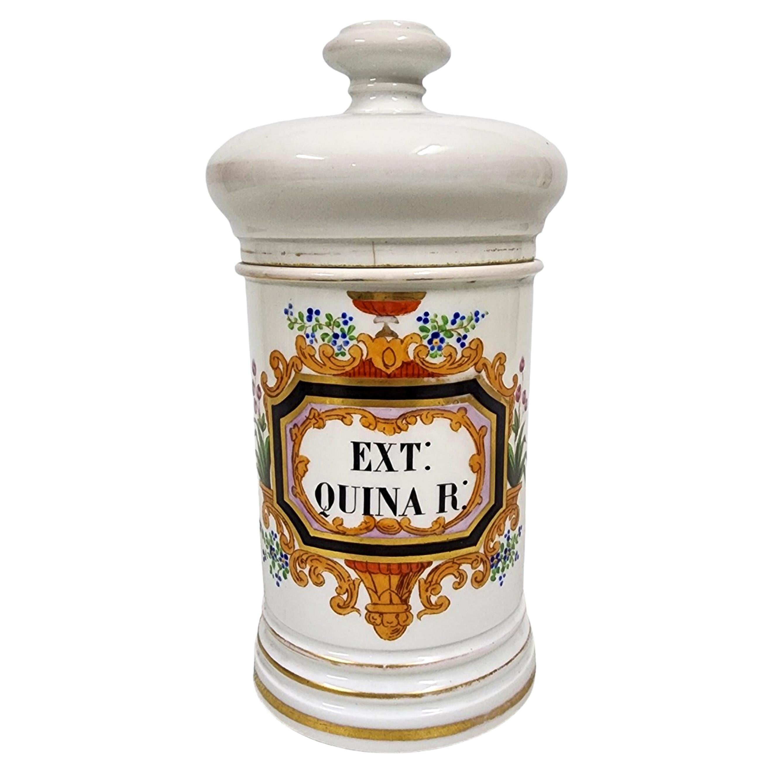 19th Century French Glazed Porcelain Apothecary/Pharmacy Jar - 'EXT: QUINA R:'