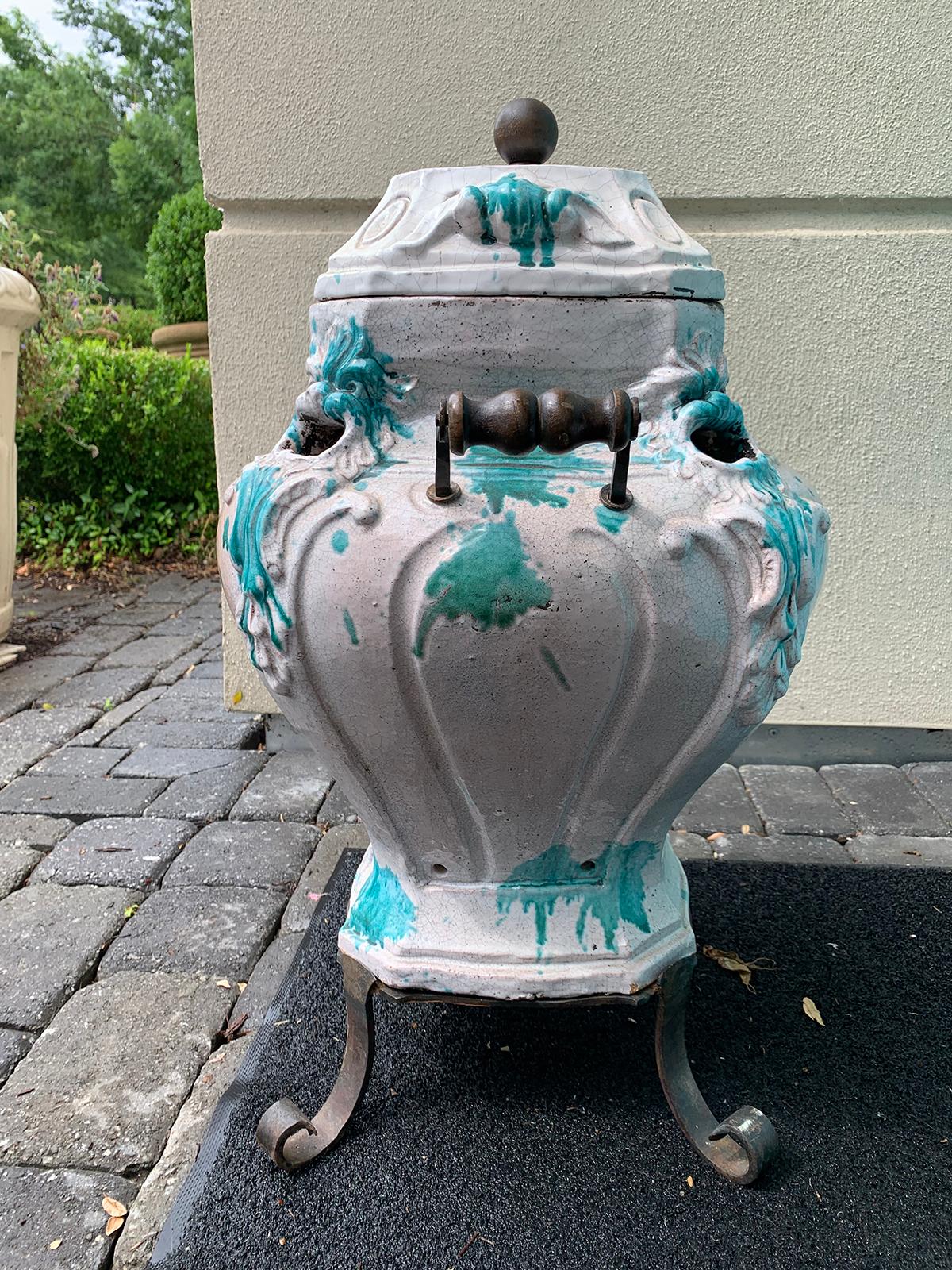 19th Century French Glazed Porcelain Brazier with Lid and Stand For Sale 12