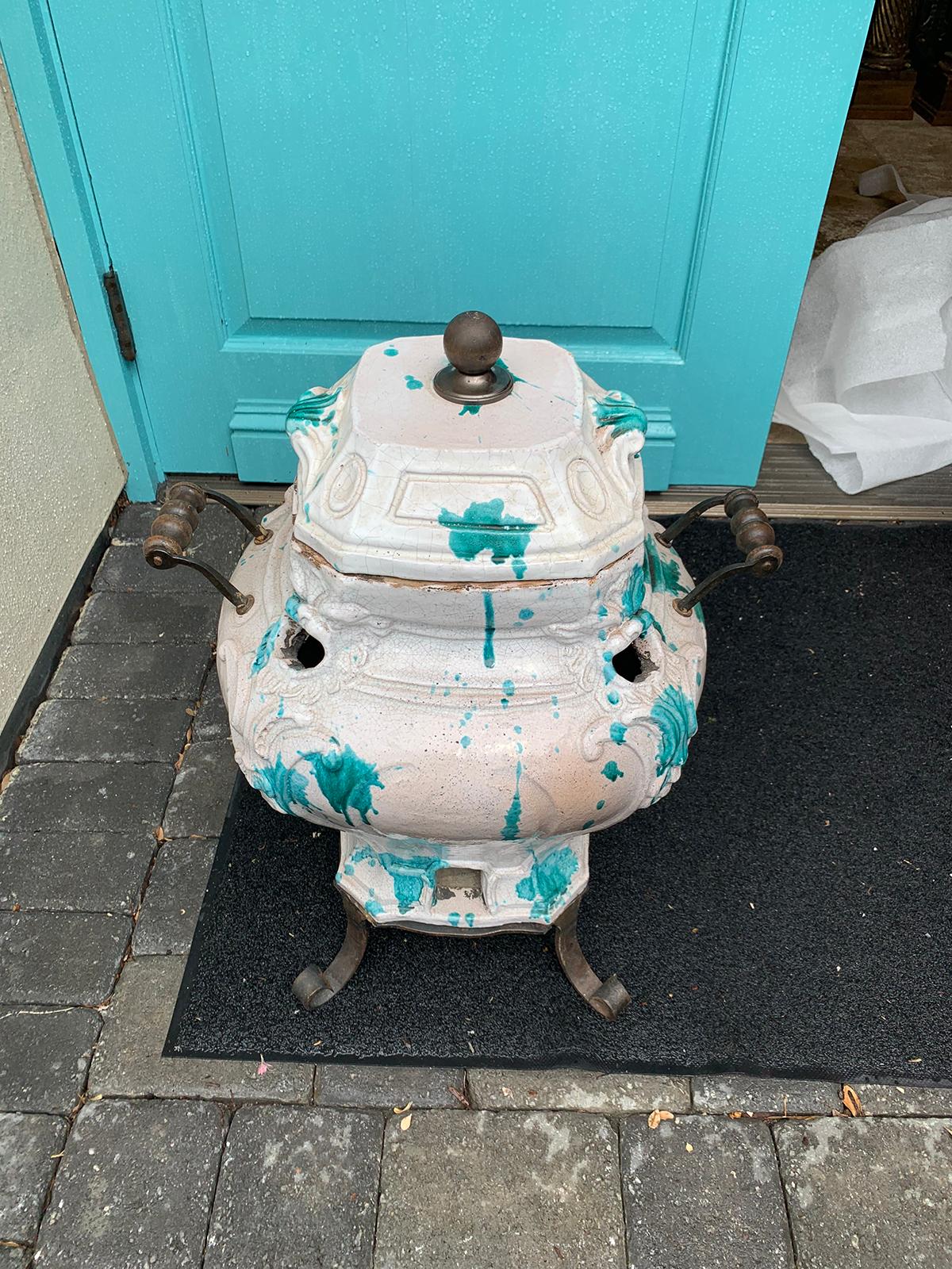 19th Century French Glazed Porcelain Brazier with Lid and Stand For Sale 4