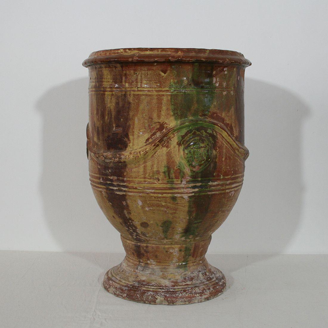 Great and rare Anduze vase with a beautiful glaze, decor and weathered look.
France, circa 1850-1900.
Weathered but very good condition.
 