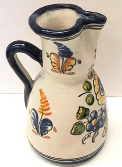 19th Century French Glazed Terracotta Pitcher Handmade & Hand-painted