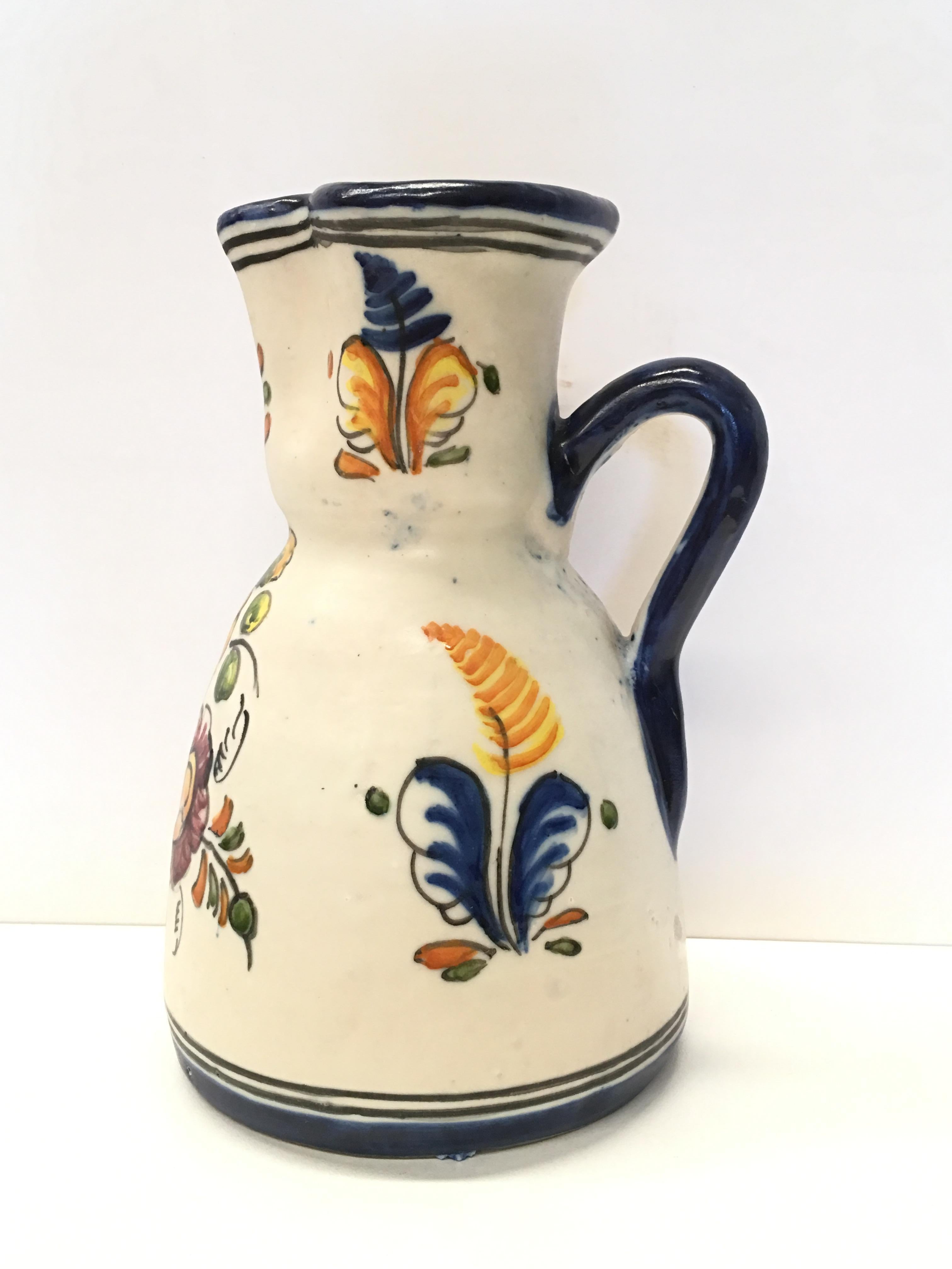 Spanish Colonial 19th Century French Glazed Terracotta Pitcher Handmade & Hand-painted For Sale