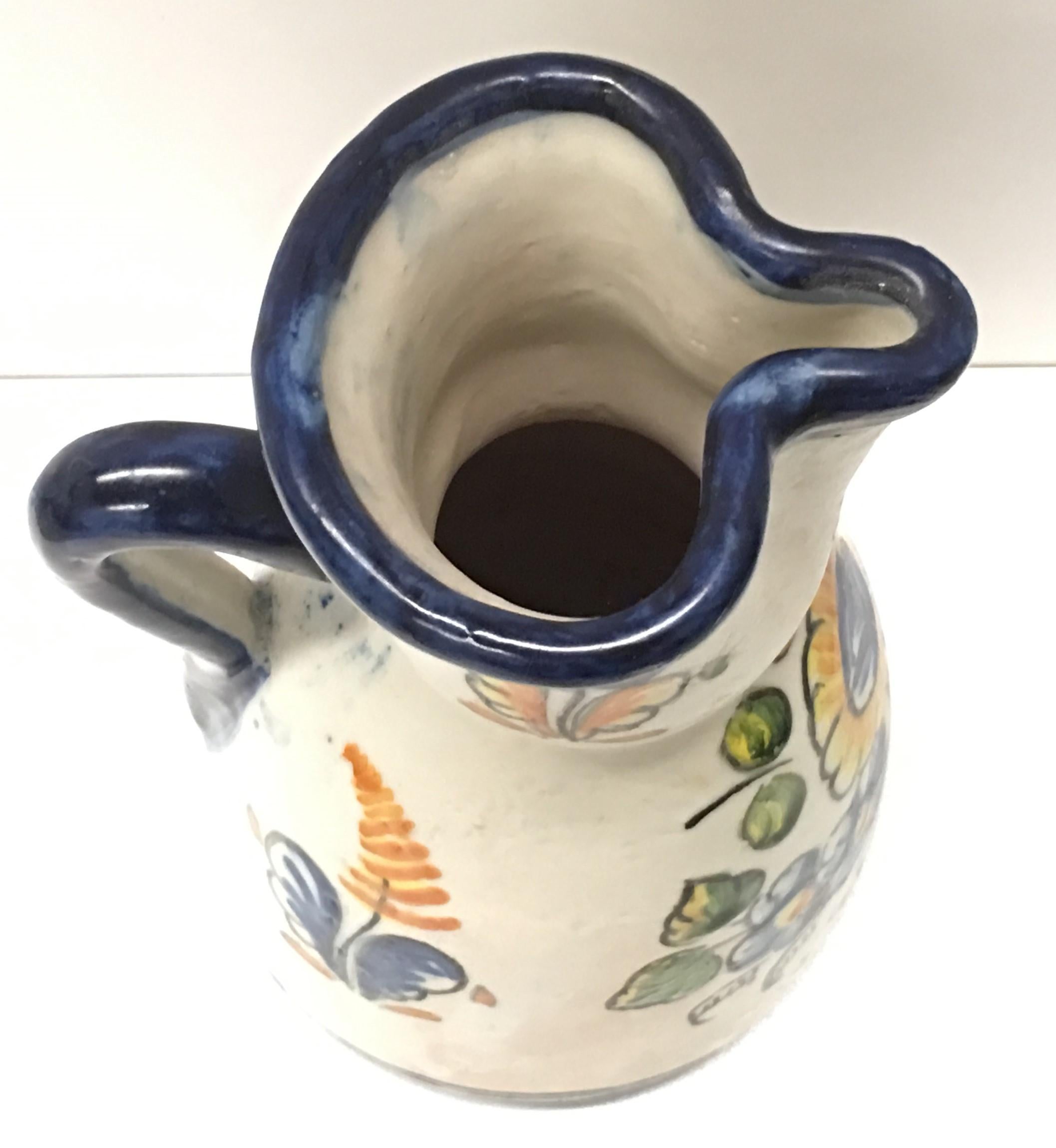 Spanish 19th Century French Glazed Terracotta Pitcher Handmade & Hand-painted For Sale