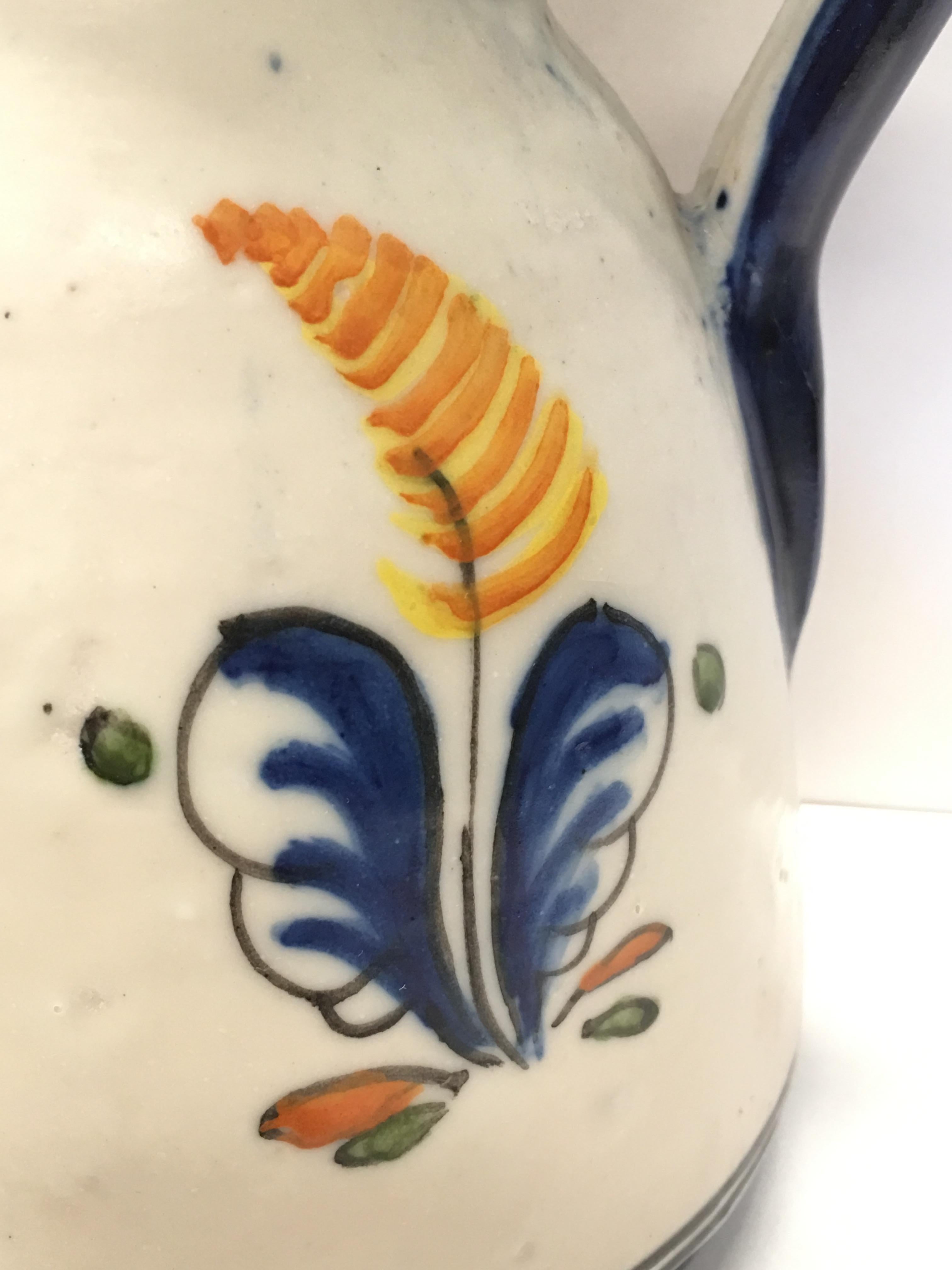 19th Century French Glazed Terracotta Pitcher Handmade & Hand-painted In Excellent Condition For Sale In Miami, FL