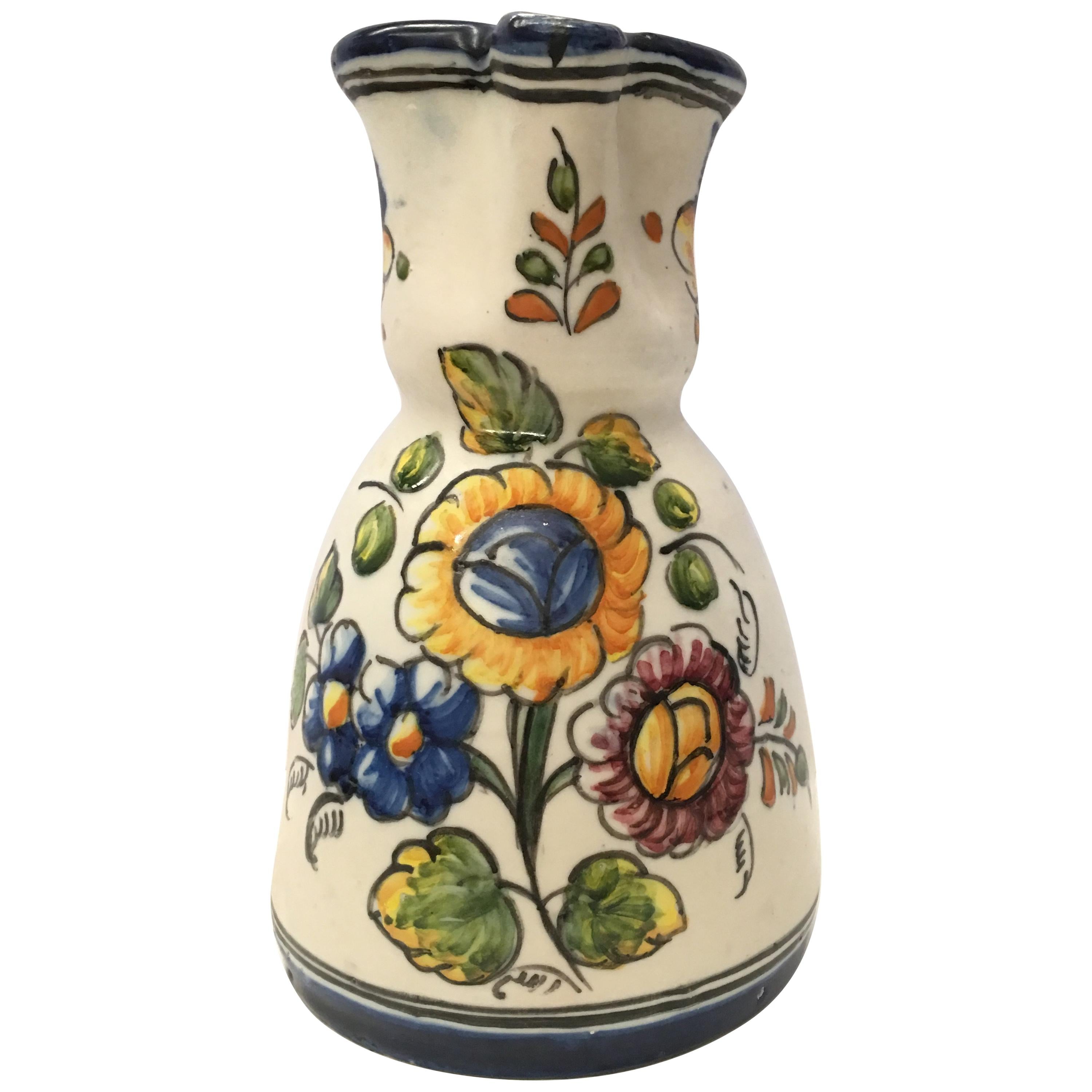 19th Century French Glazed Terracotta Pitcher Handmade & Hand-painted For Sale