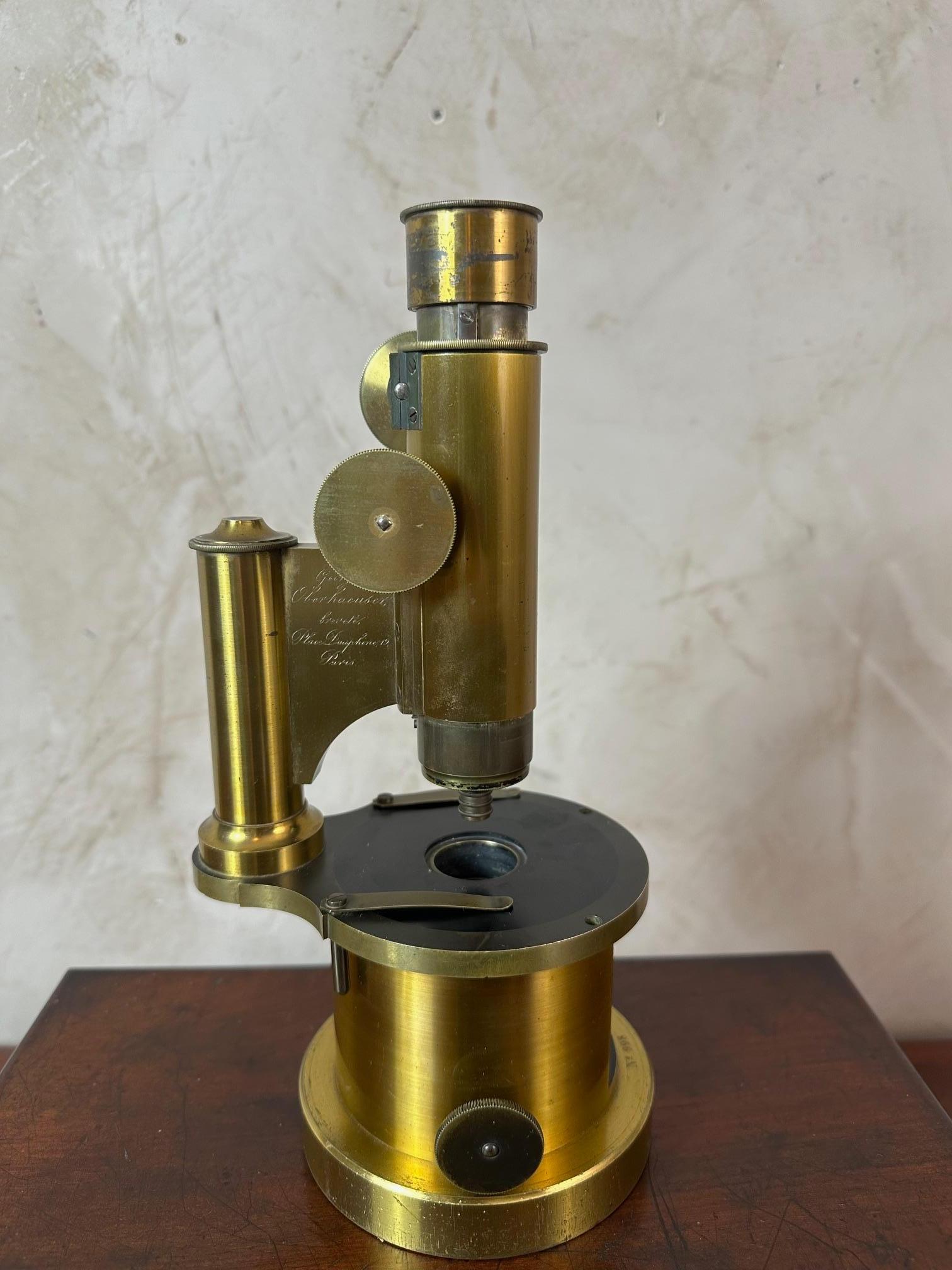 19th Century 19th century French G.Oberhaueser Brass Achromatic Microscope in its wooden Boxe