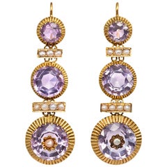 19th Century French Gold, Amethyst and Pearl Pendant Earrings