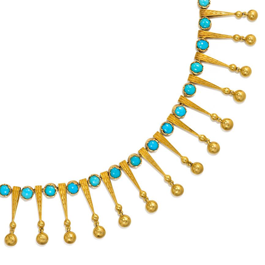 An antique gold collar necklace comprised of engraved fringe pendants with bead terminals and turquoise spacers, in 18k. Marret & Baugrand, France. Original box