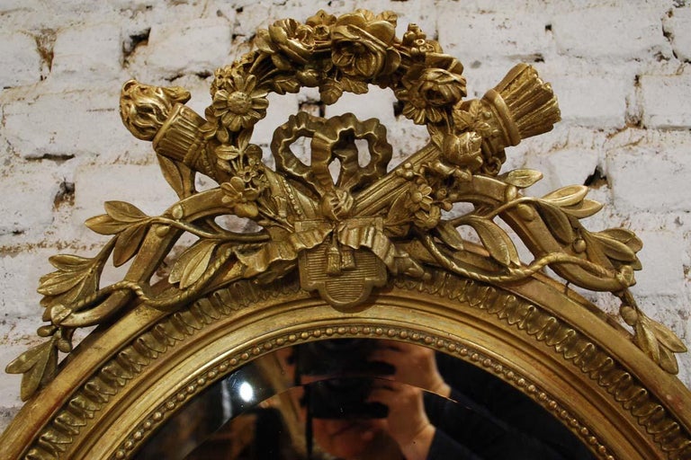19th Century French Gold Gilt Oval Mirror with Bow and Arch at 1stDibs