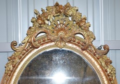 19th Century French Gold Giltwood Mirror, Gesso Carving Floral Ribbon & Shell