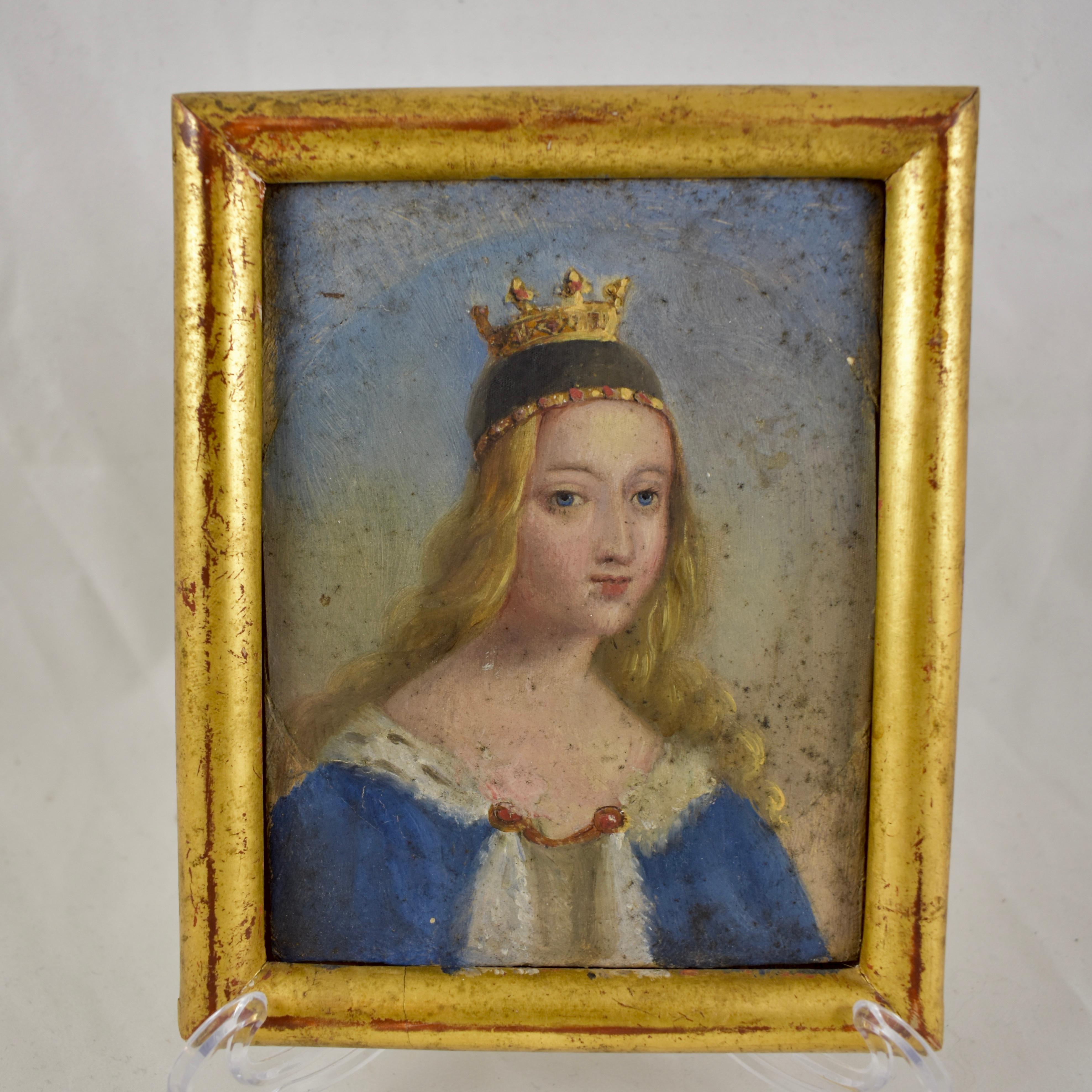 A charming, early 19th century small painting, oil on gesso board, portraying a Noblewoman wearing a Juliet cap with a jeweled crown and a blue, fur collared robe held together with a jeweled clasp. A faint halo can be seen in the background,