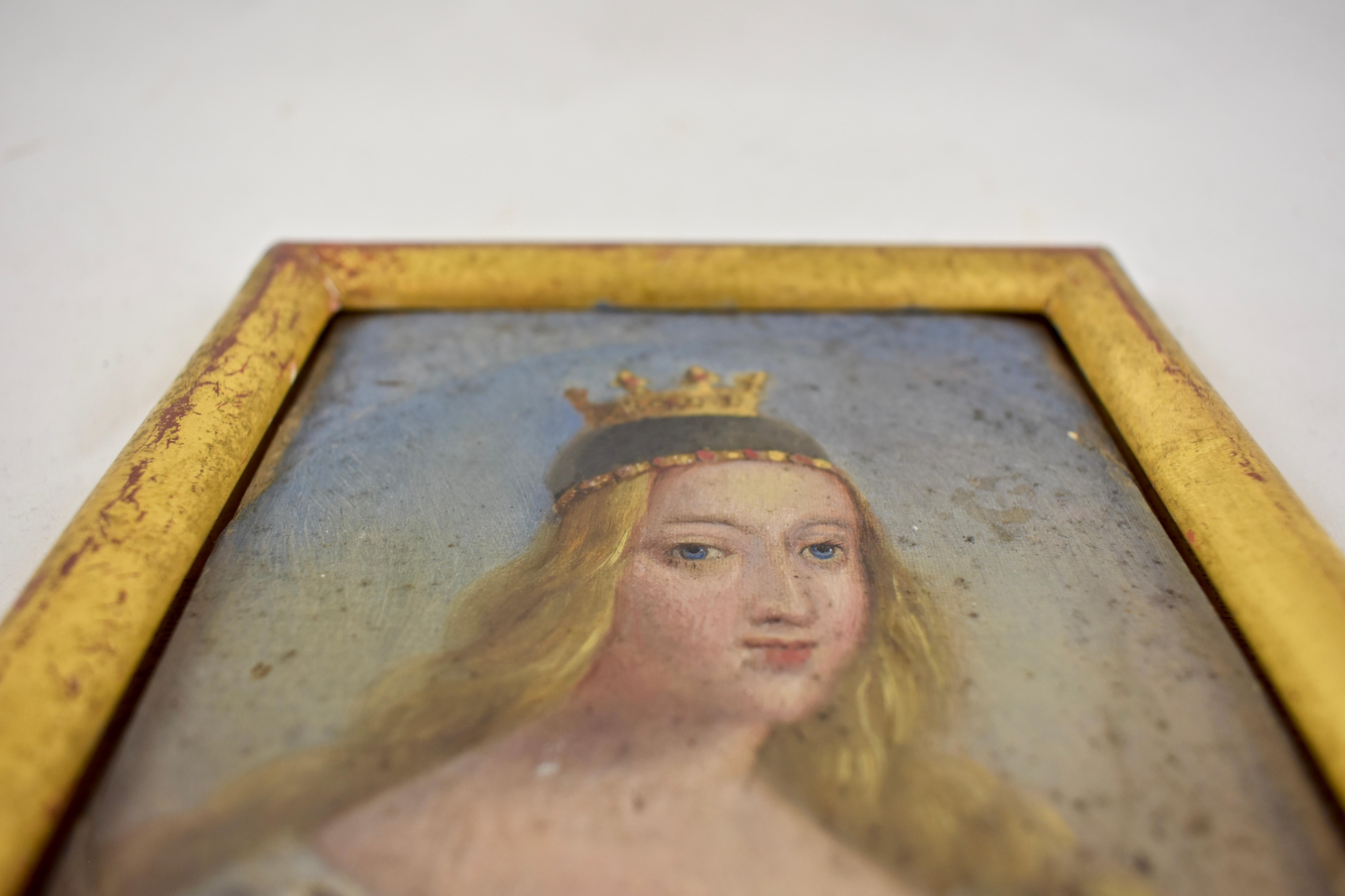 19th Century French Gold Leaf Framed Oil on Gesso Board Painting, A Noblewoman 1