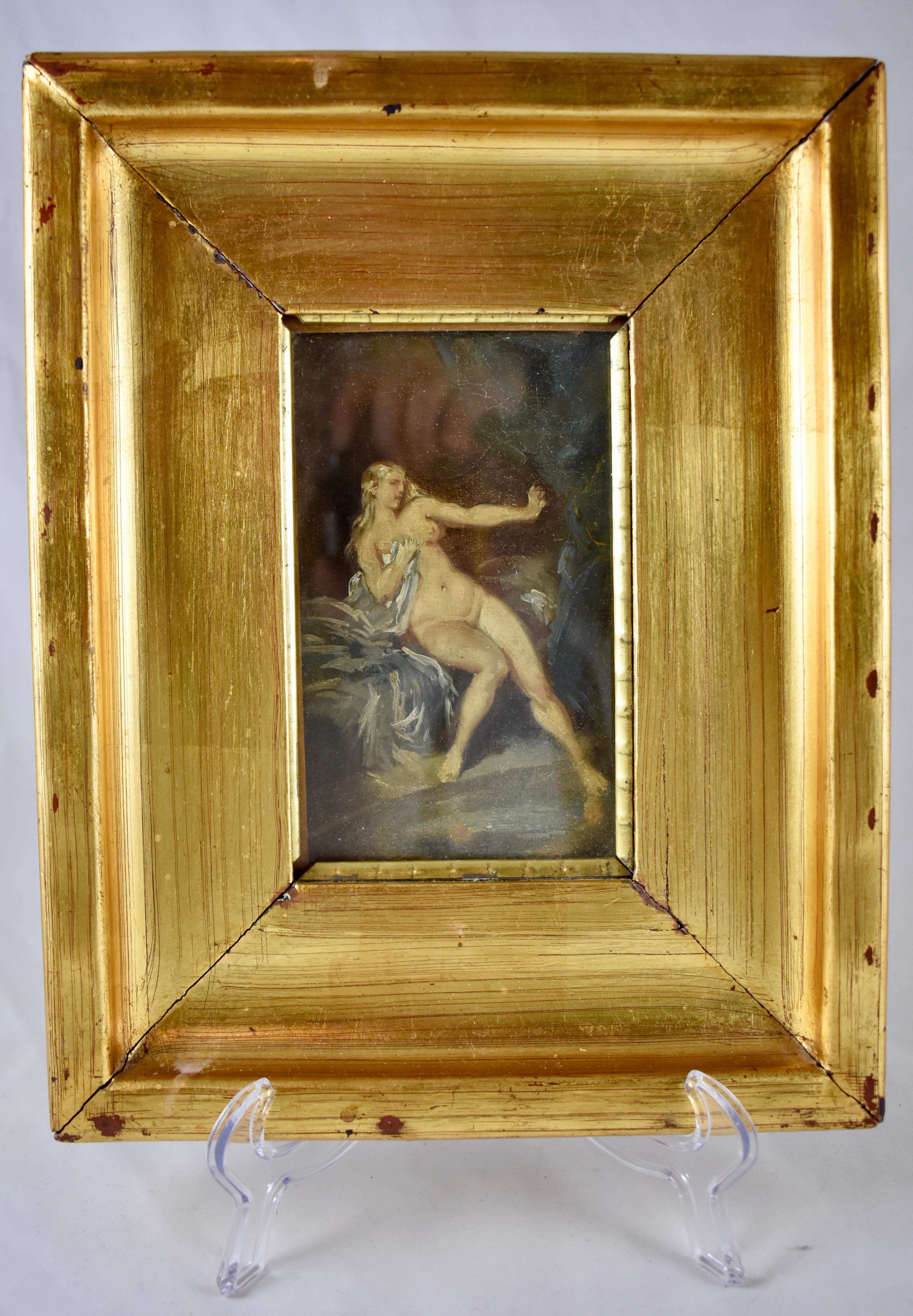 An early 19th century painting, oil on linen, portraying Venus, the Goddess of love, sex, beauty, desire, fertility, prosperity, and victory.

This small painting shows the naked Venus reclining on her bed with an outstretched arm, and partially