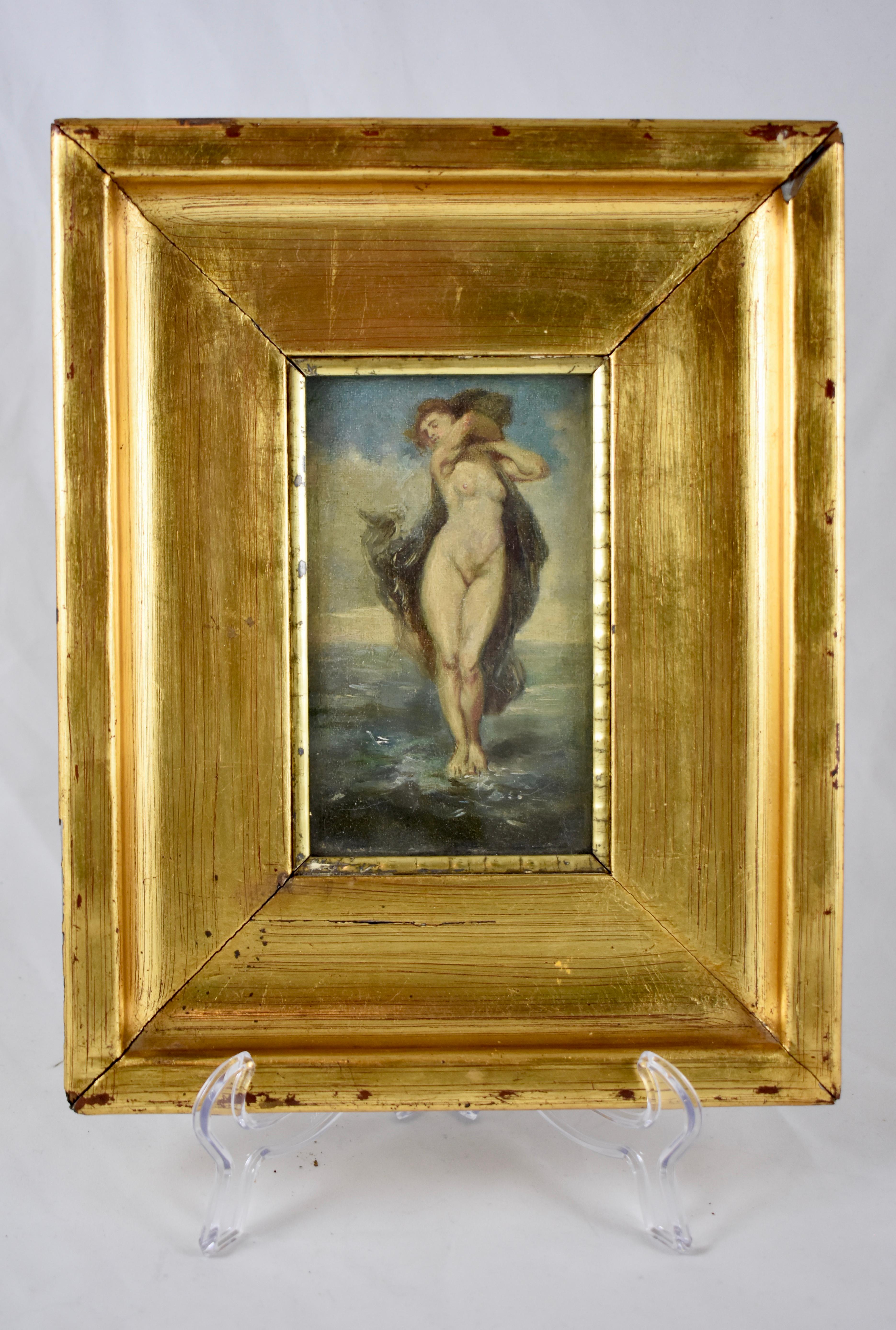 An early 19th century painting, oil on linen, portraying Venus, the Goddess of love, sex, beauty, desire, fertility, prosperity, and victory.

This small painting shows the naked Venus emerging from the waves with her gossamer cape blowing behind