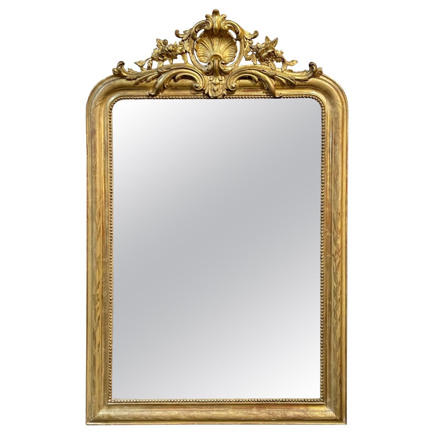 19th Century French Gold Louis Philippe Mirror with Crest