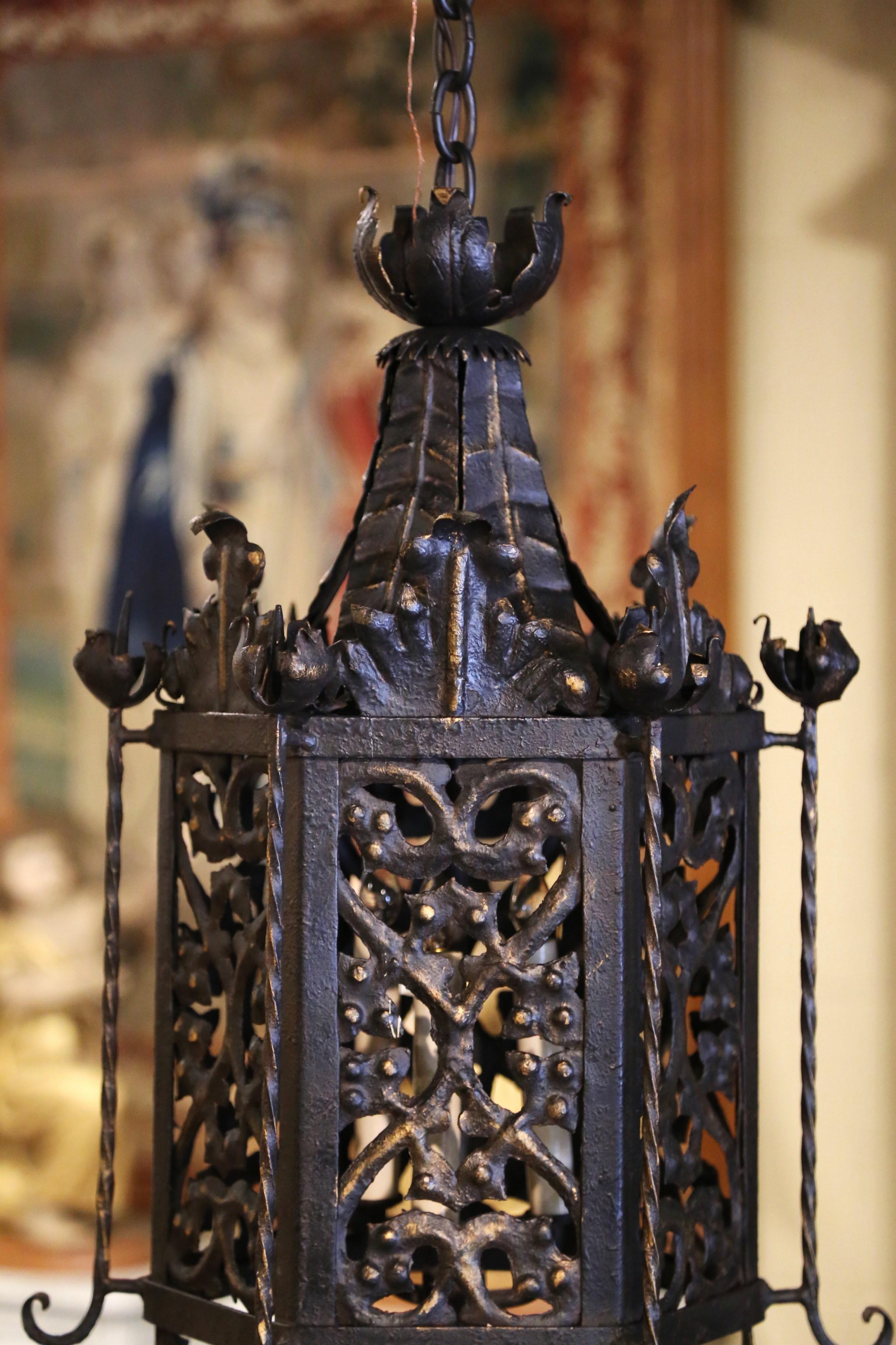 19th Century French Gothic Black and Gilt Iron Three-Light Hexagon Lantern In Excellent Condition For Sale In Dallas, TX