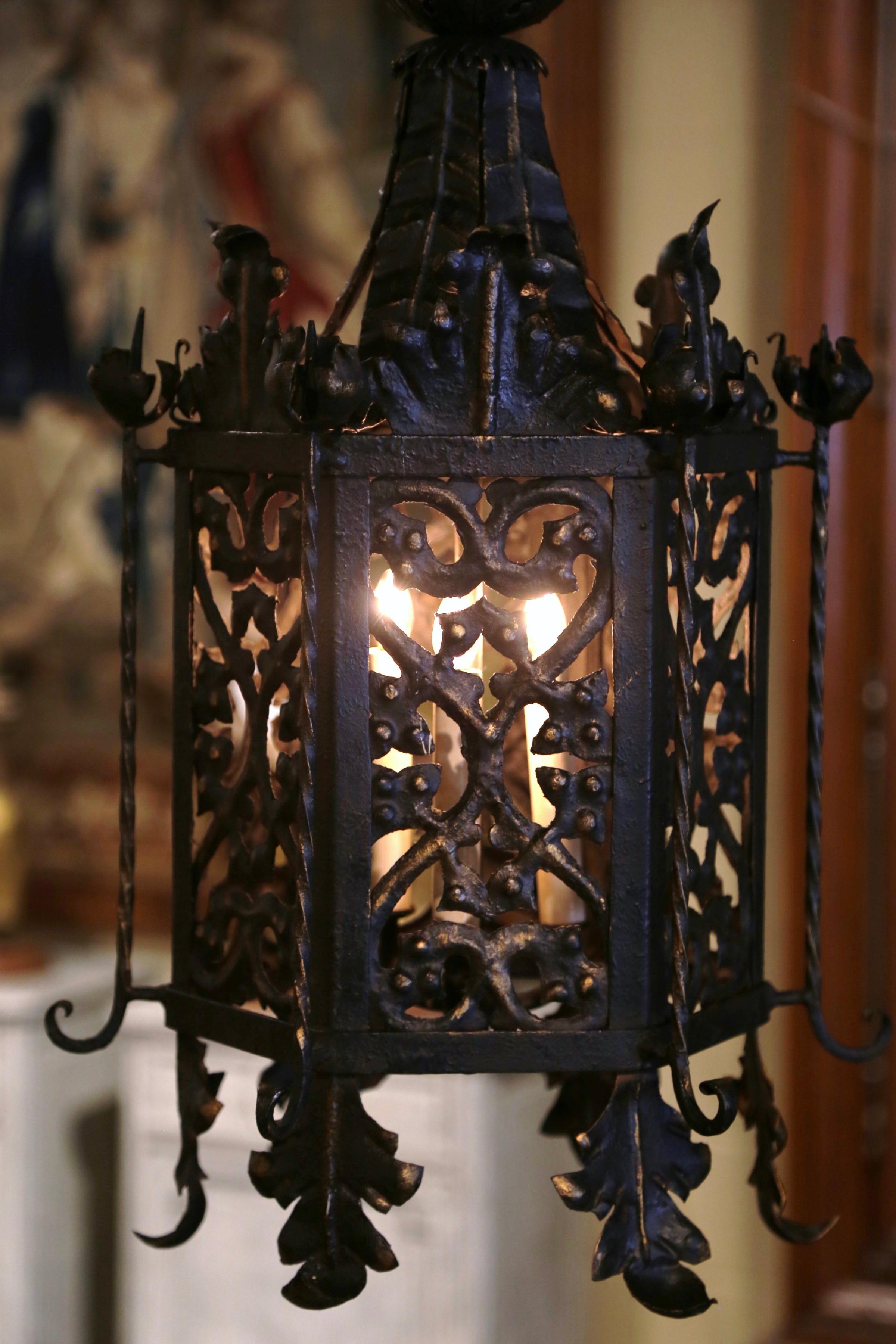 19th Century French Gothic Black and Gilt Iron Three-Light Hexagon Lantern For Sale 2