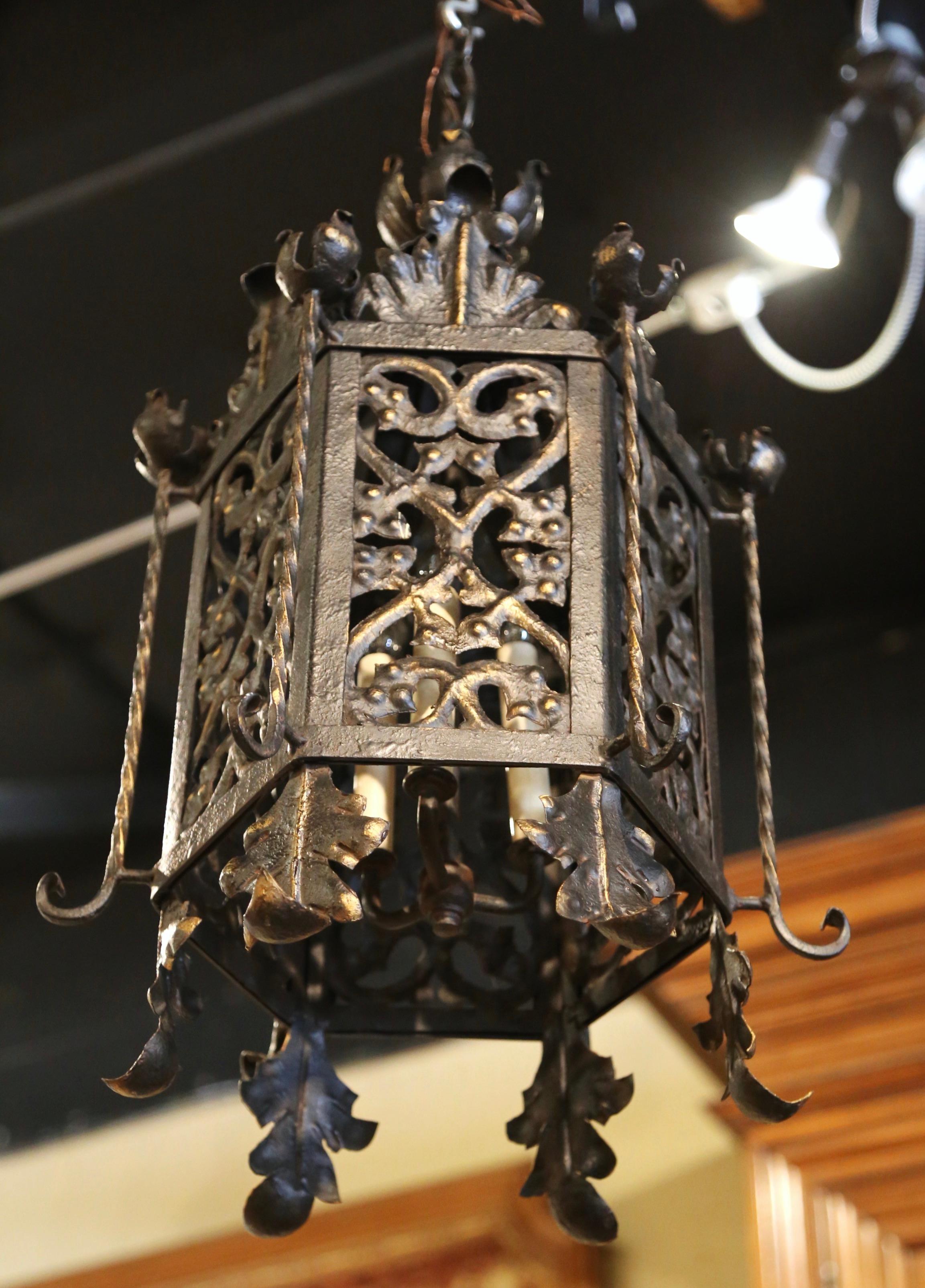 19th Century French Gothic Black and Gilt Iron Three-Light Hexagon Lantern For Sale 3