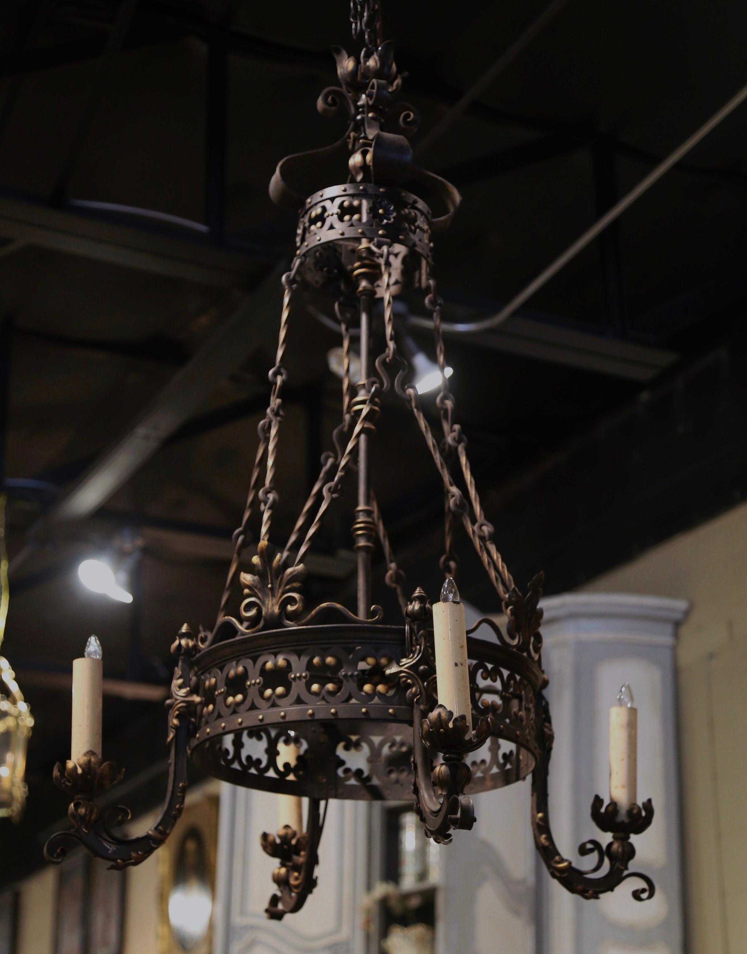 19th Century French Gothic Black and Gilt Wrought Iron Four-Light Chandelier For Sale 1