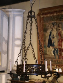 19th Century French Gothic Black Painted Wrought Iron Six-Light Chandelier