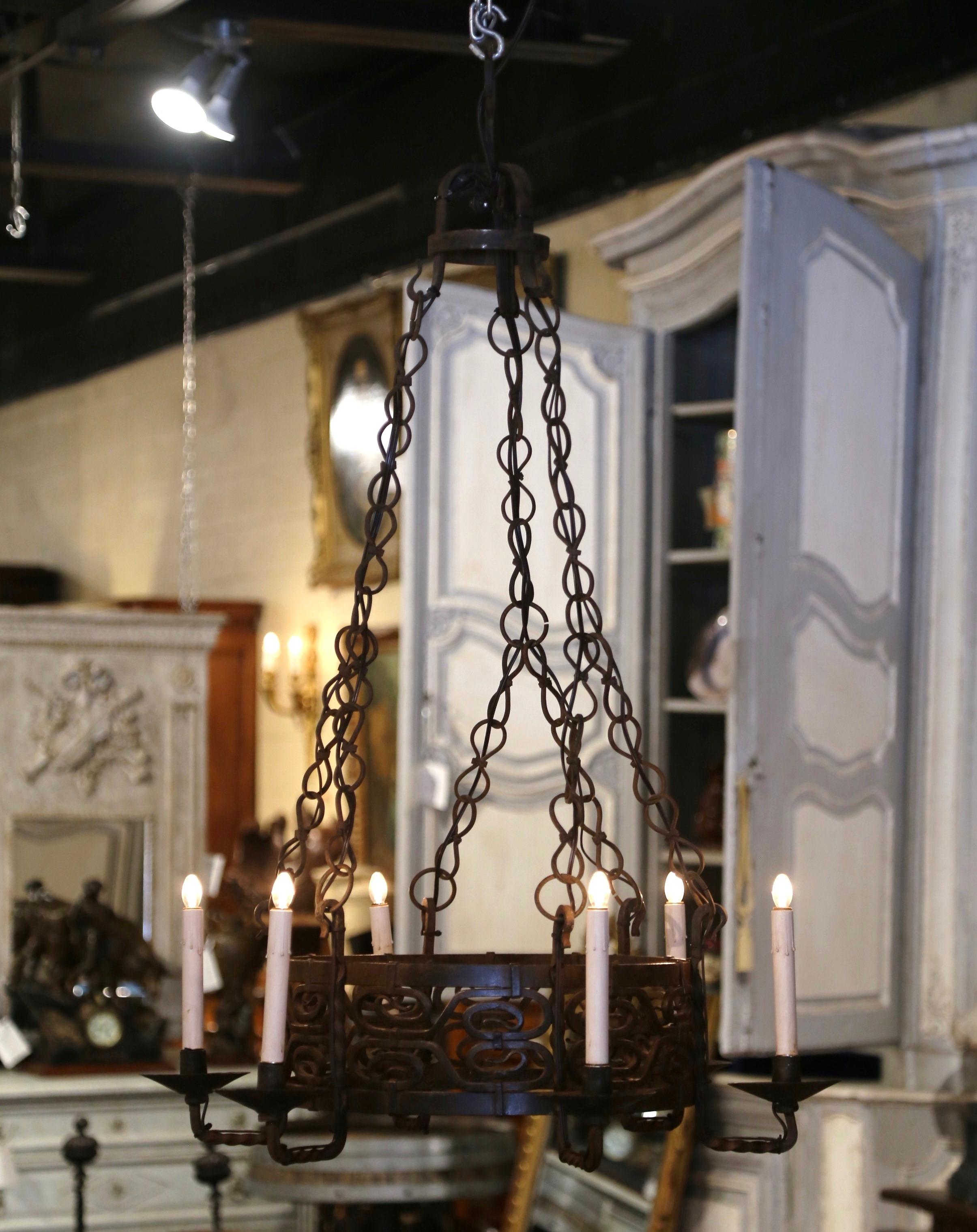Hand-Crafted 19th Century French Gothic Black Painted Wrought Iron Six-Light Chandelier For Sale