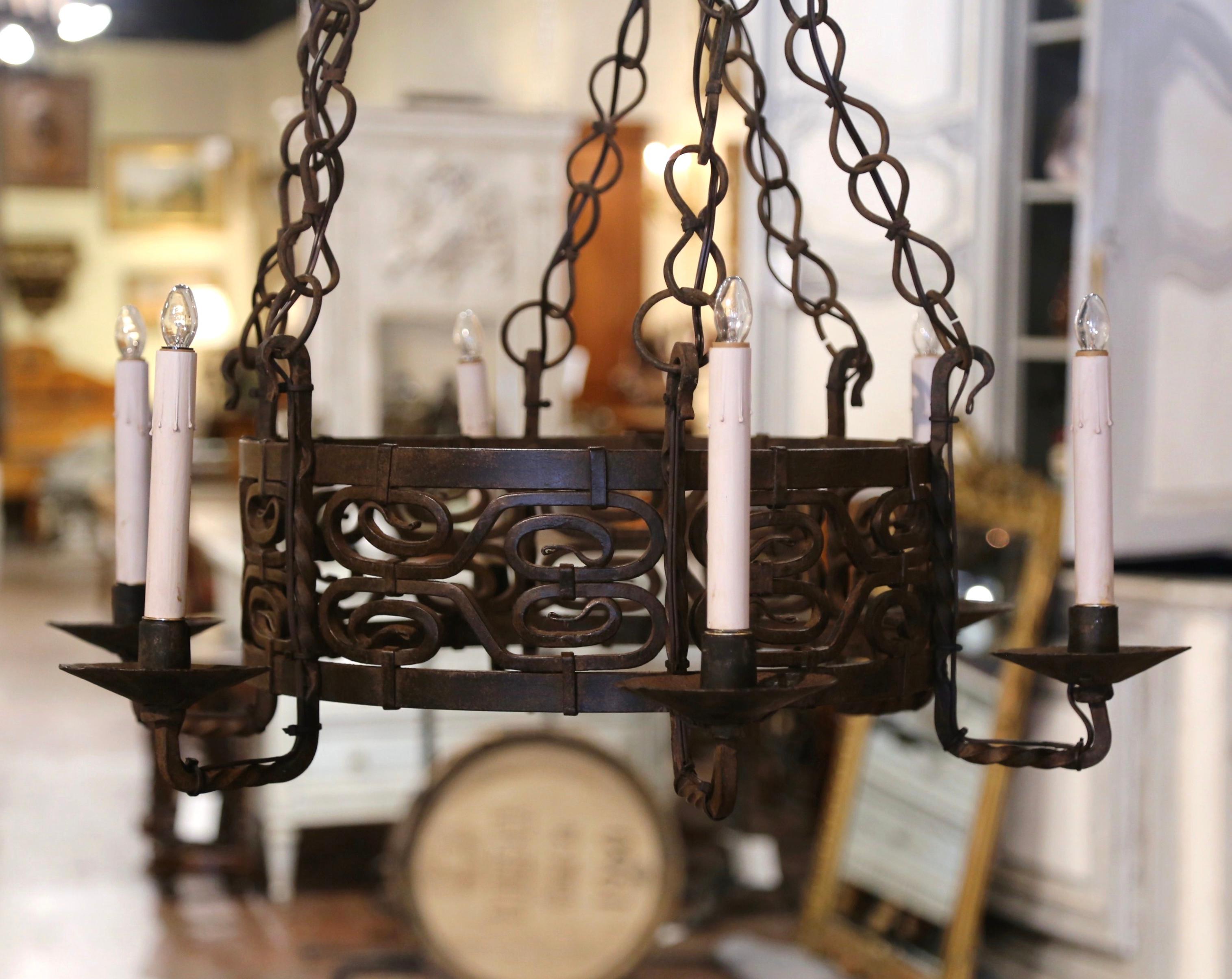 19th Century French Gothic Black Painted Wrought Iron Six-Light Chandelier In Excellent Condition For Sale In Dallas, TX