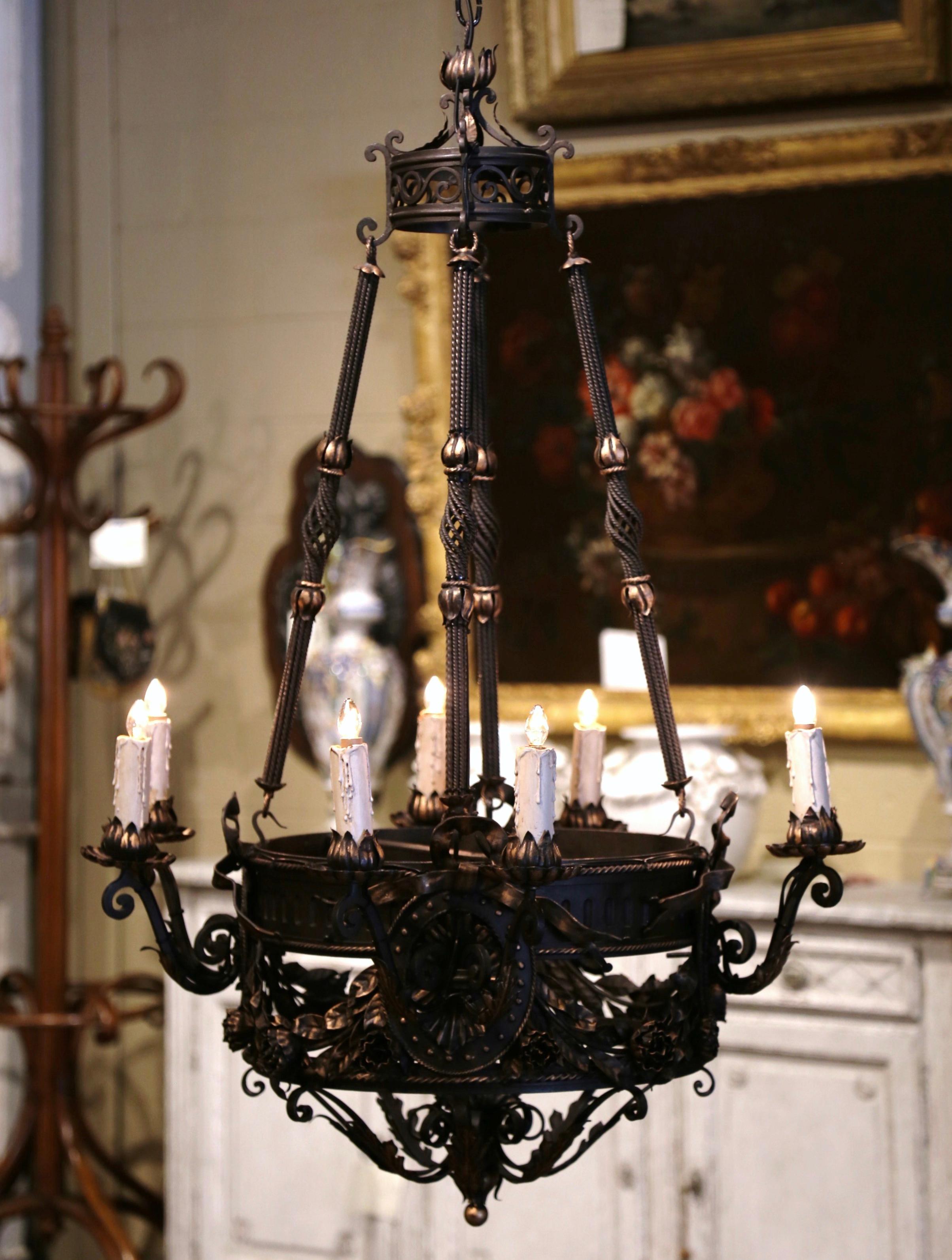 19th Century French Gothic Black Wrought Iron Eight-Light Chandelier 6