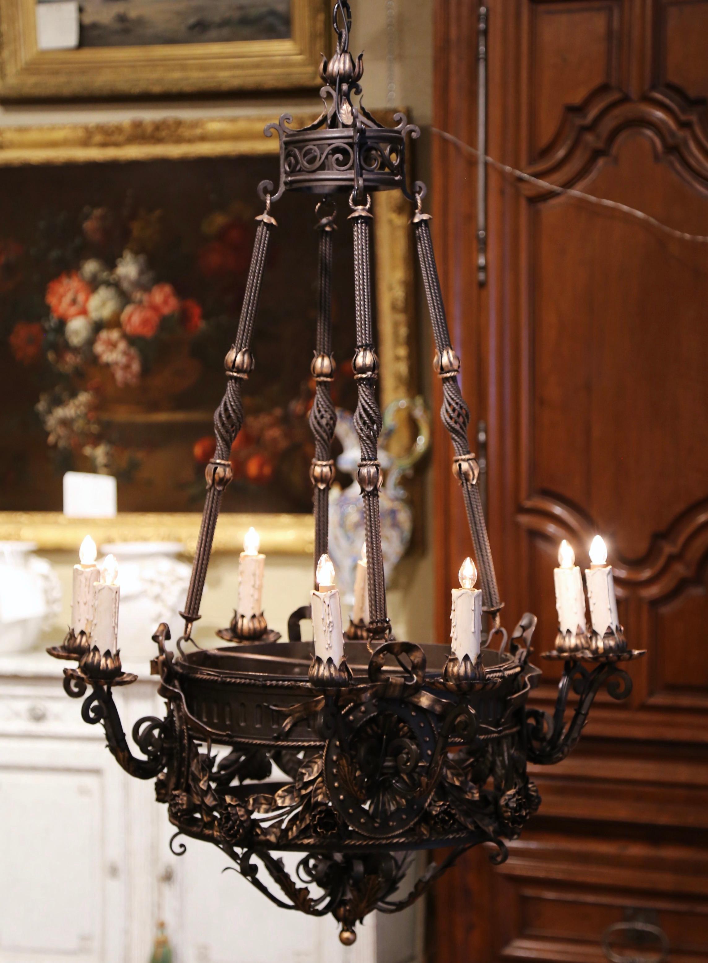 19th Century French Gothic Black Wrought Iron Eight-Light Chandelier 7