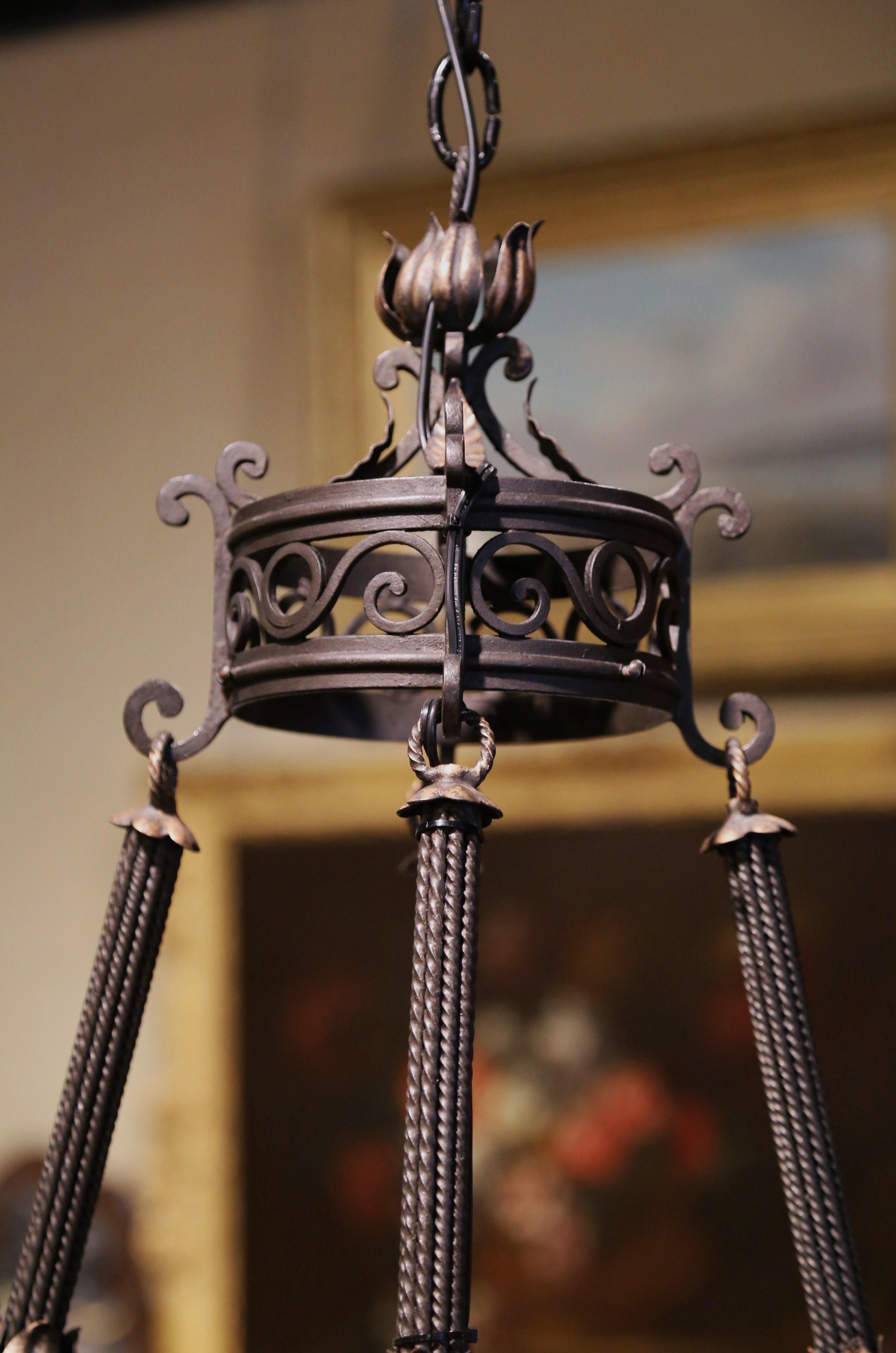 19th Century French Gothic Black Wrought Iron Eight-Light Chandelier 11
