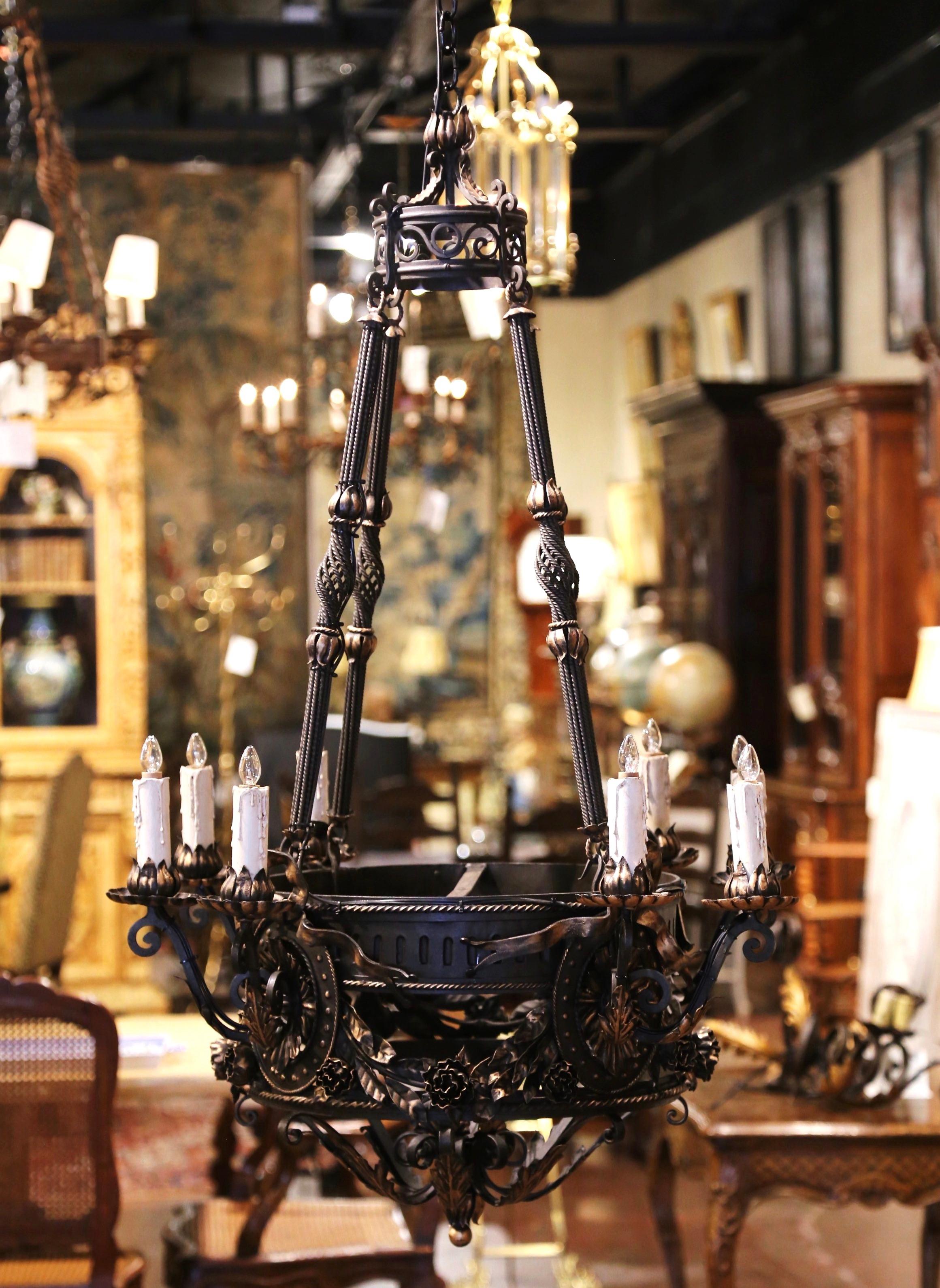 Forged 19th Century French Gothic Black Wrought Iron Eight-Light Chandelier